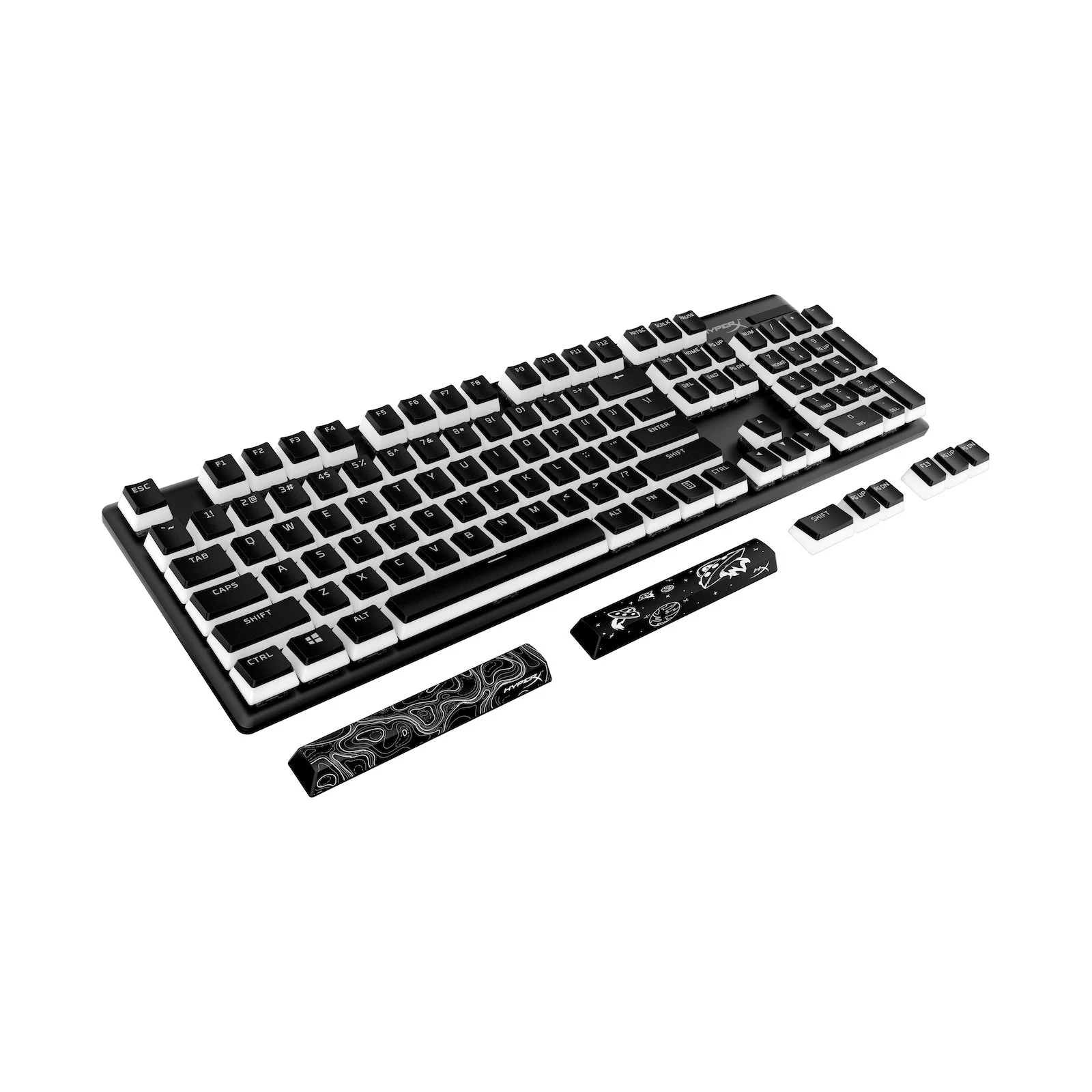 A black keyboard with white keycaps and wrist rests featuring a top-down view.