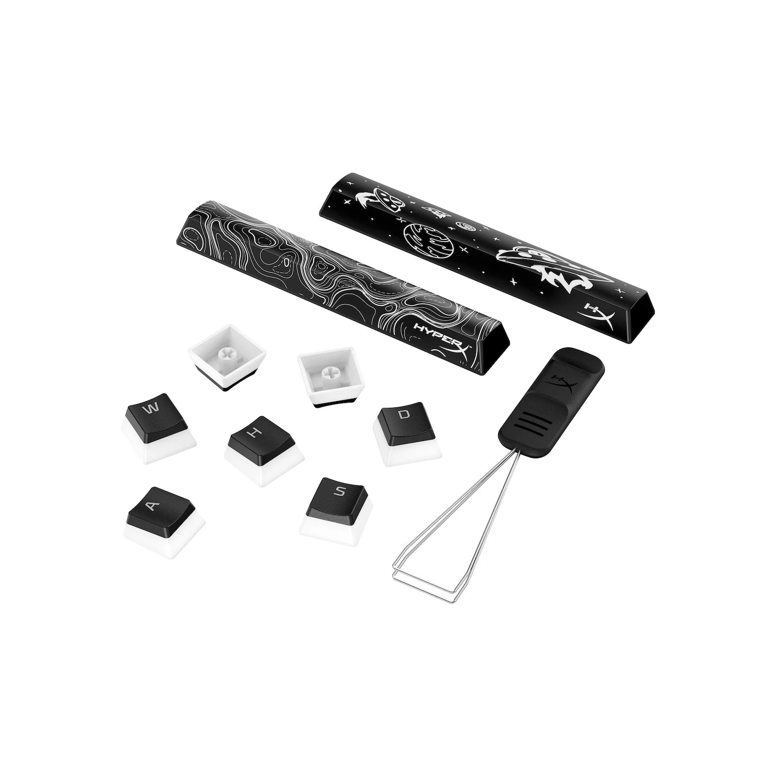 The product is a set of black and white keycaps with a top-down view, featuring a patterned box and individual keys.