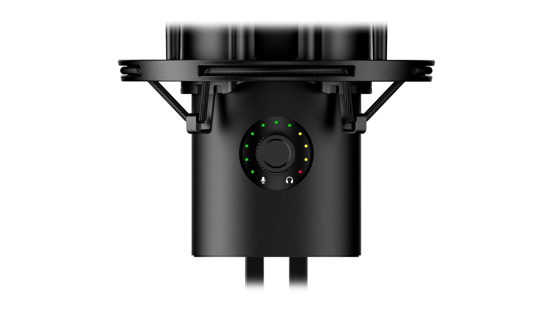 A close-up view of a black microphone with visible buttons and a cable.