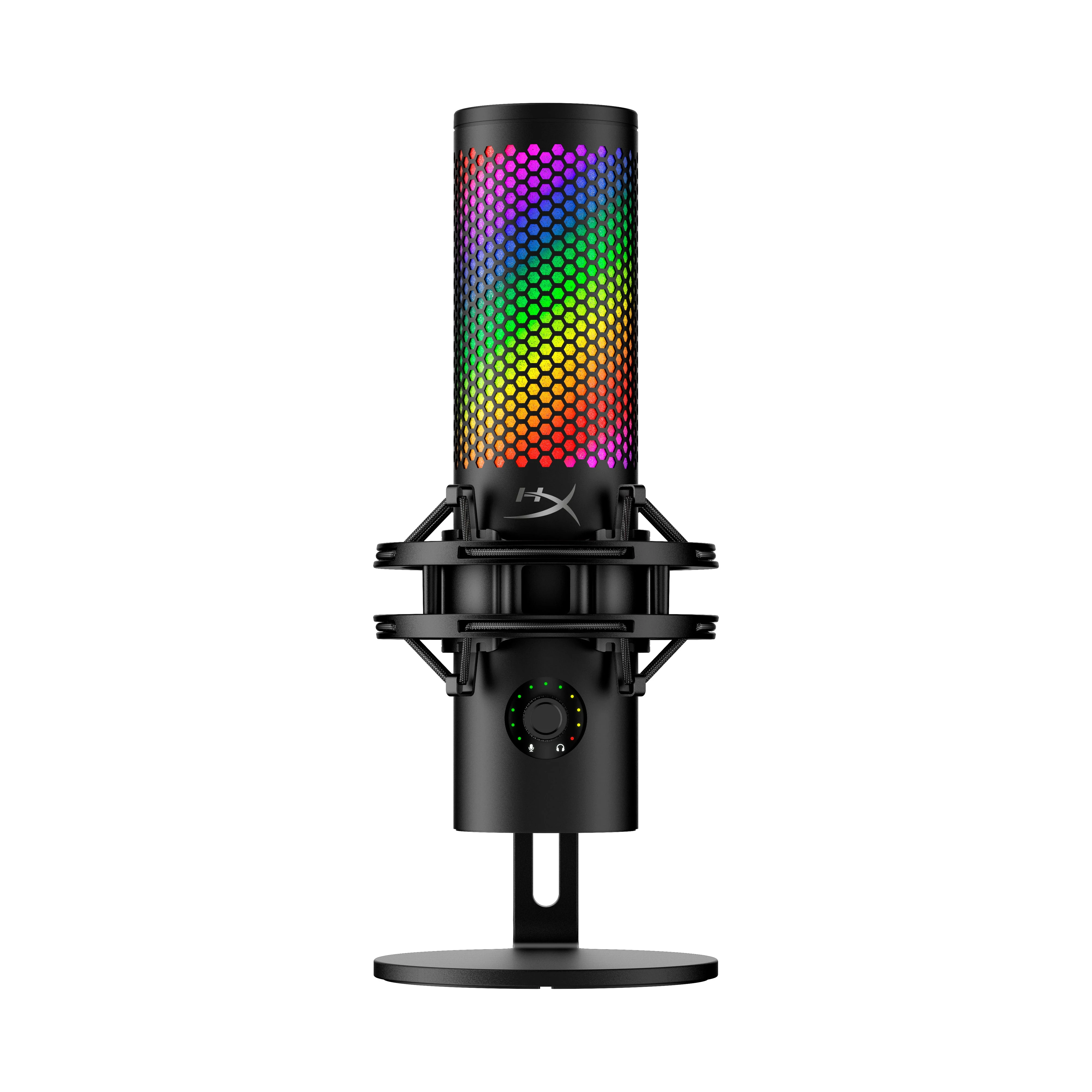 A black HyperX QuadCast 2 S microphone with a hexagonal RGB-lit grille and a stand.