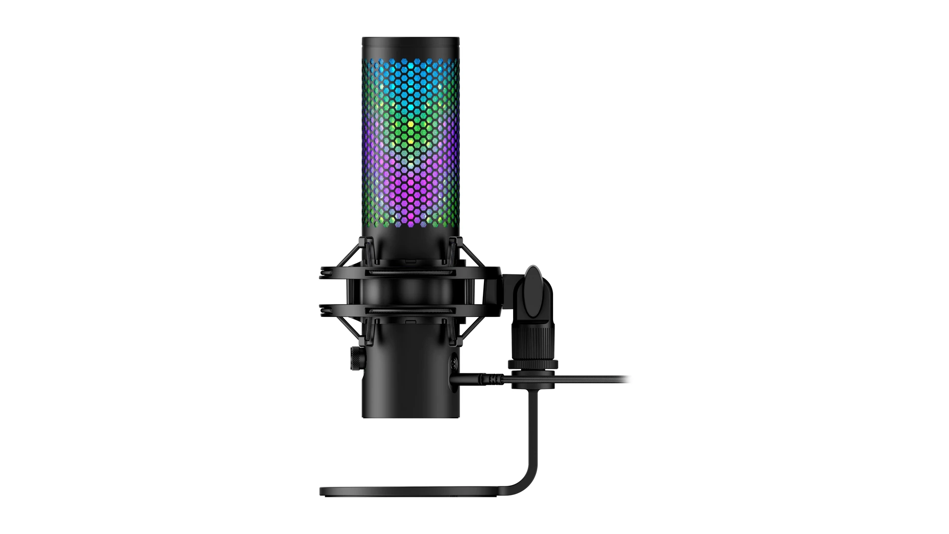 A black microphone with a hexagonal RGB-lit grille, mounted on a stand.