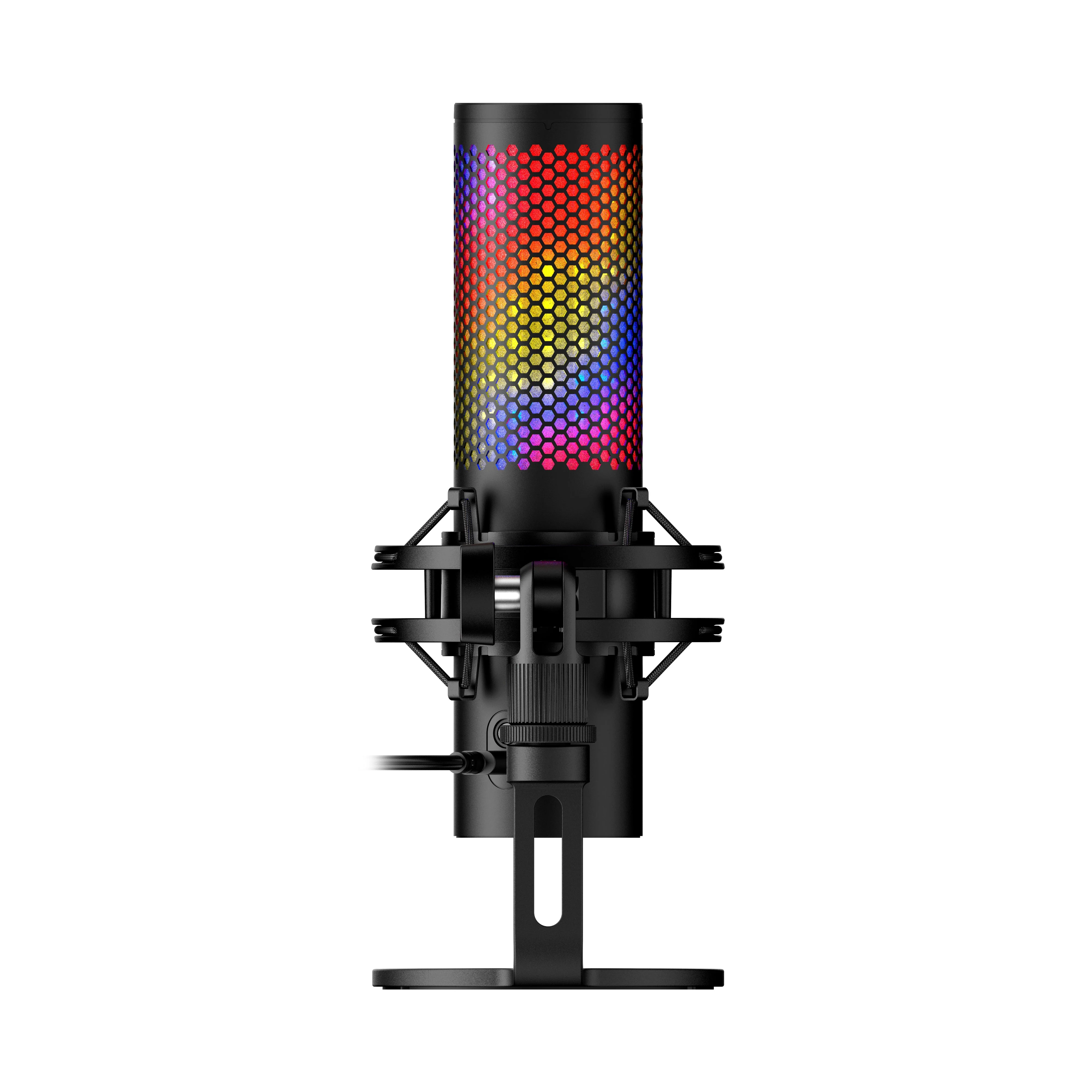 A side profile of a microphone with a hexagonal patterned top and a black stand.