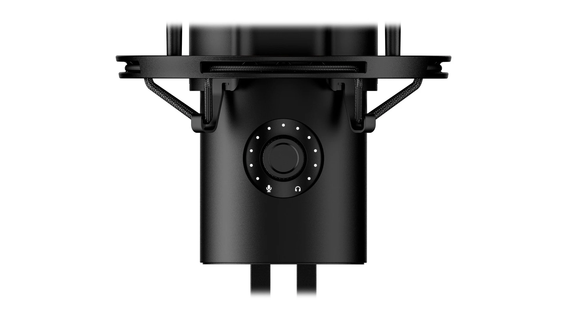 A black microphone with a circular control panel and a cable attached.