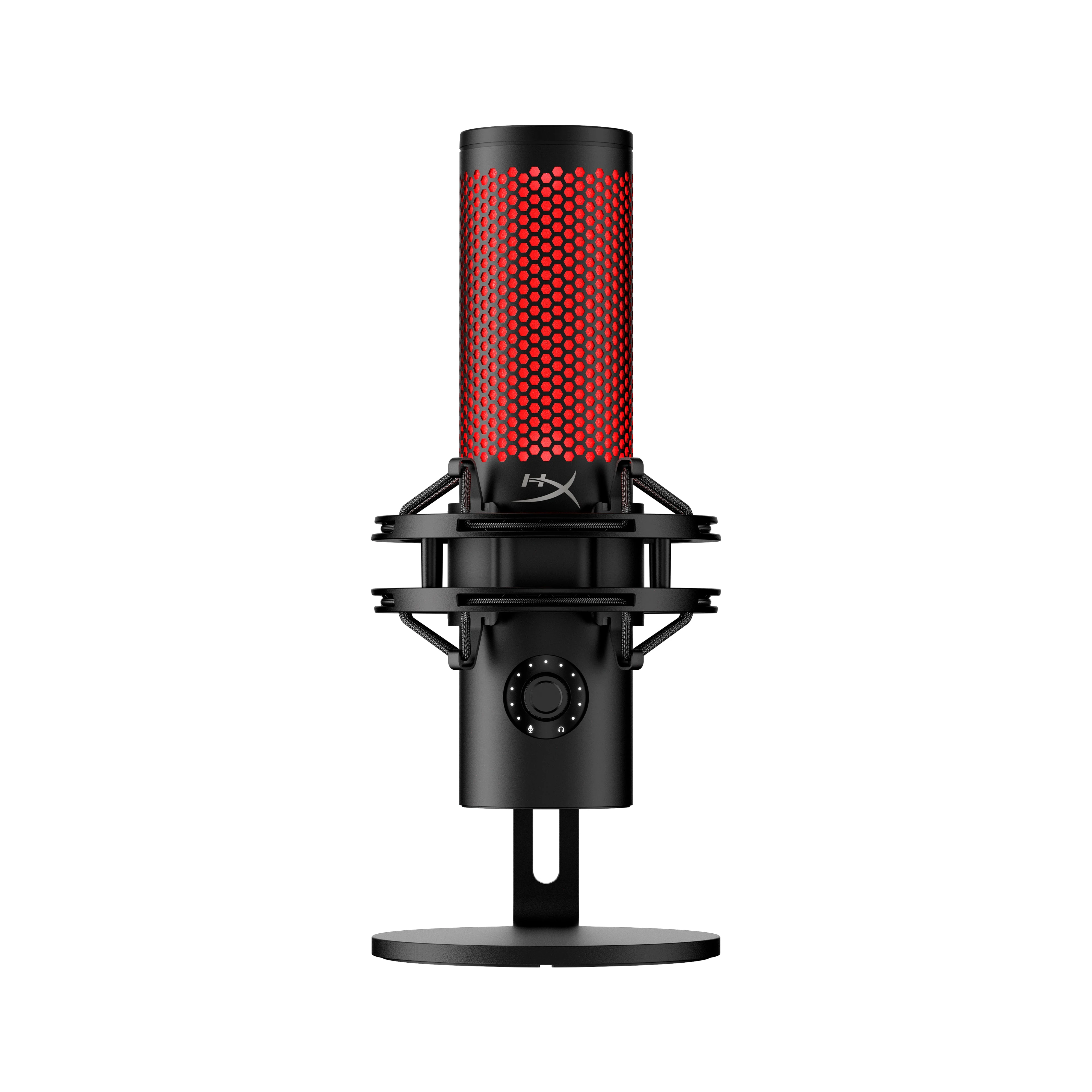 A black microphone with a red hexagonal mesh pattern on the top, mounted on a stand.