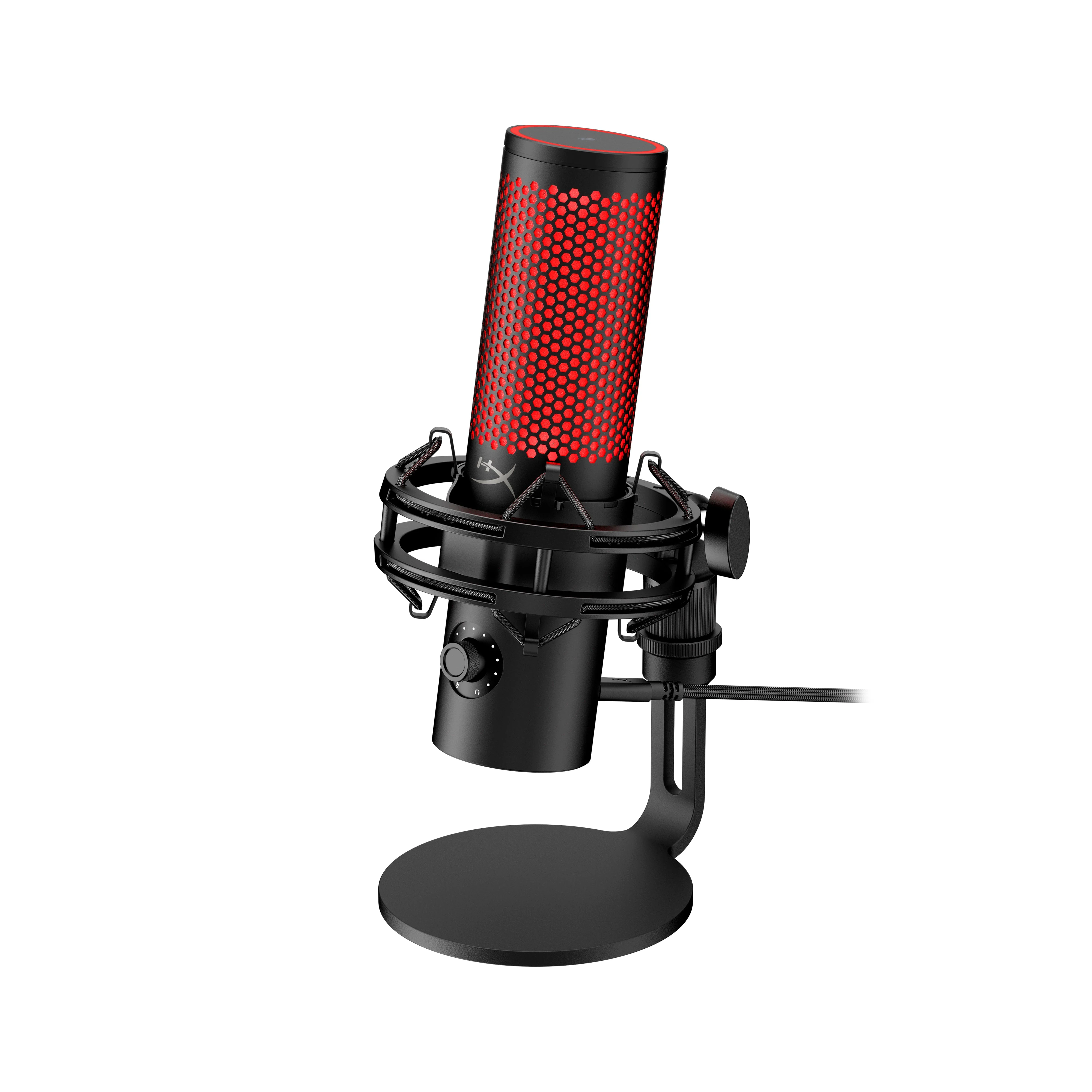 A black and red microphone with a honeycomb pattern on the top, mounted on a stand.