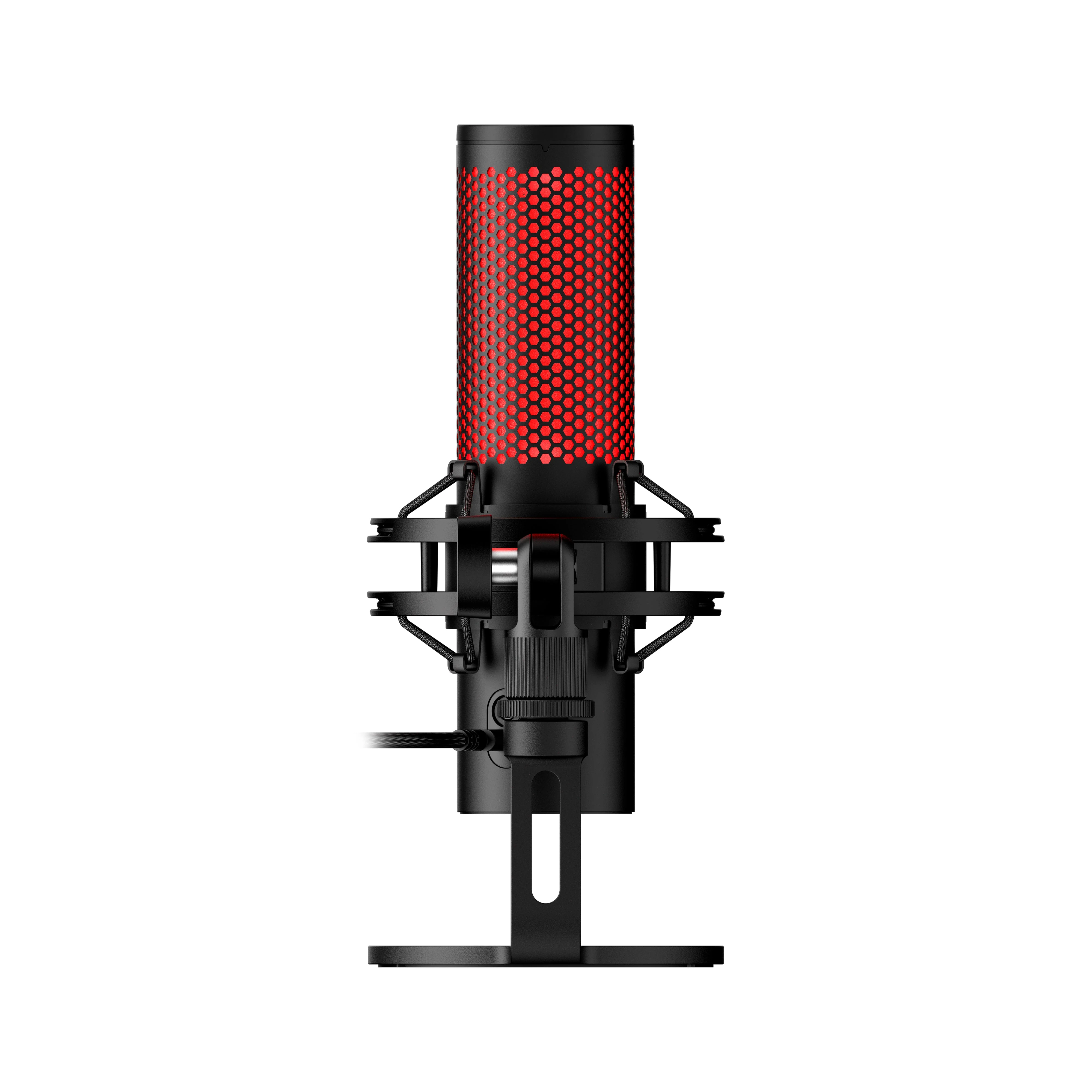 A black microphone with a red hexagonal mesh pattern on the top, mounted on a stand.