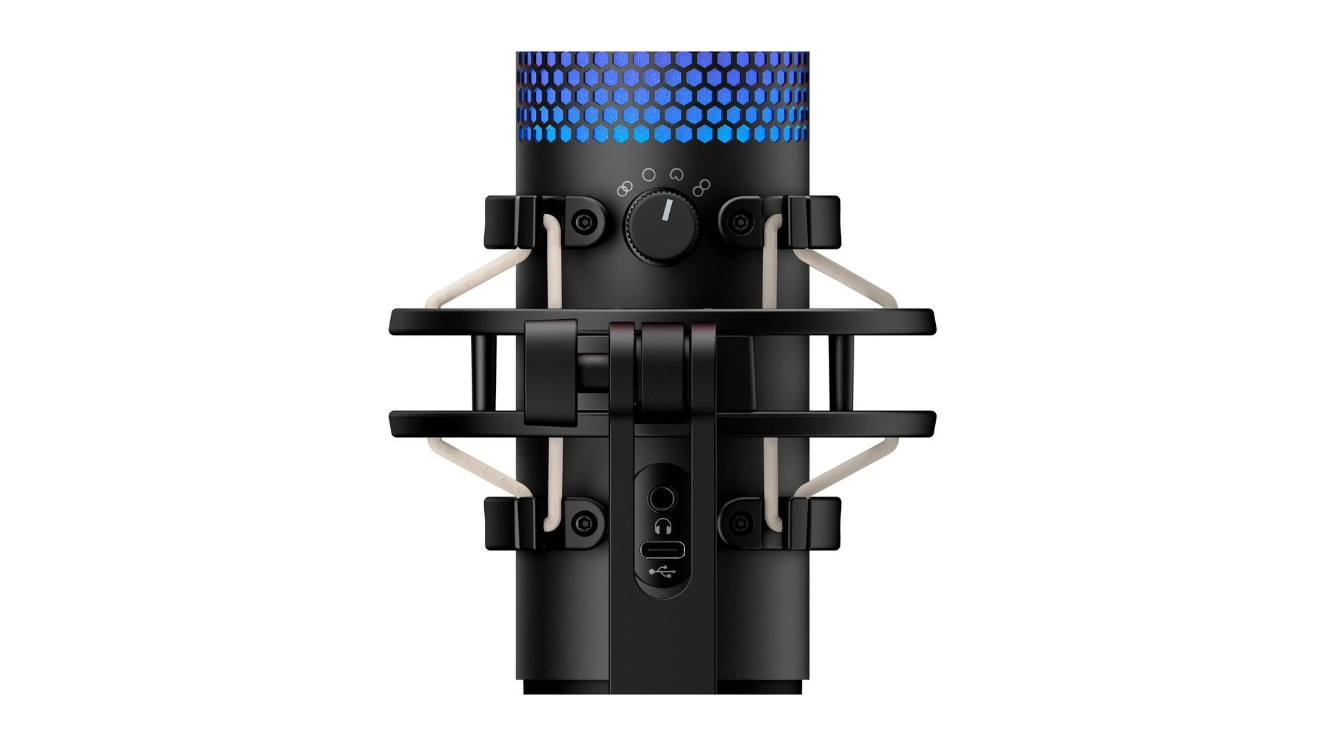 A close-up of a black microphone with a hexagonal pattern on the top, featuring control knobs and ports.