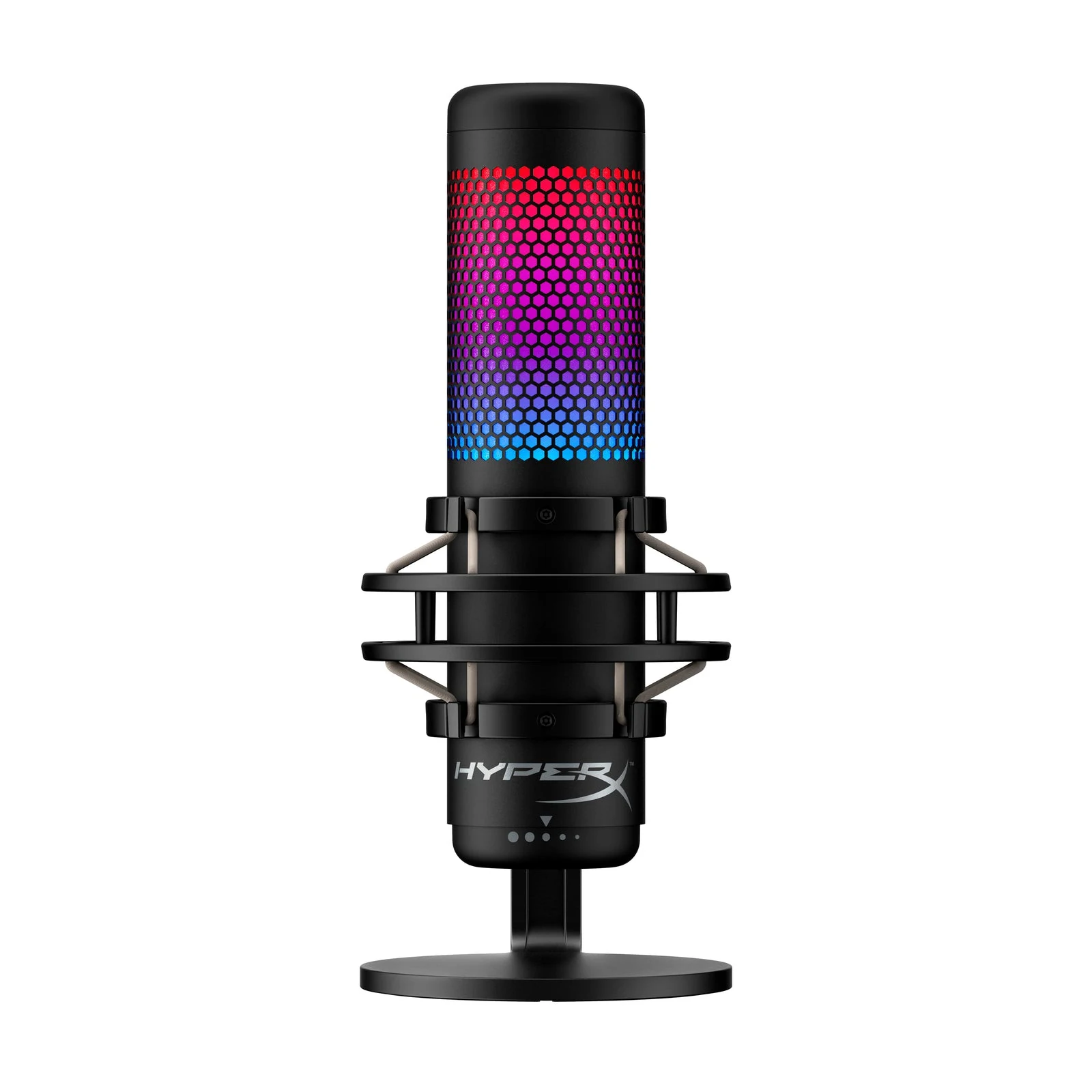 A black HyperX QuadCast S microphone with a hexagonal mesh grille and RGB lighting, shown in a side profile.
