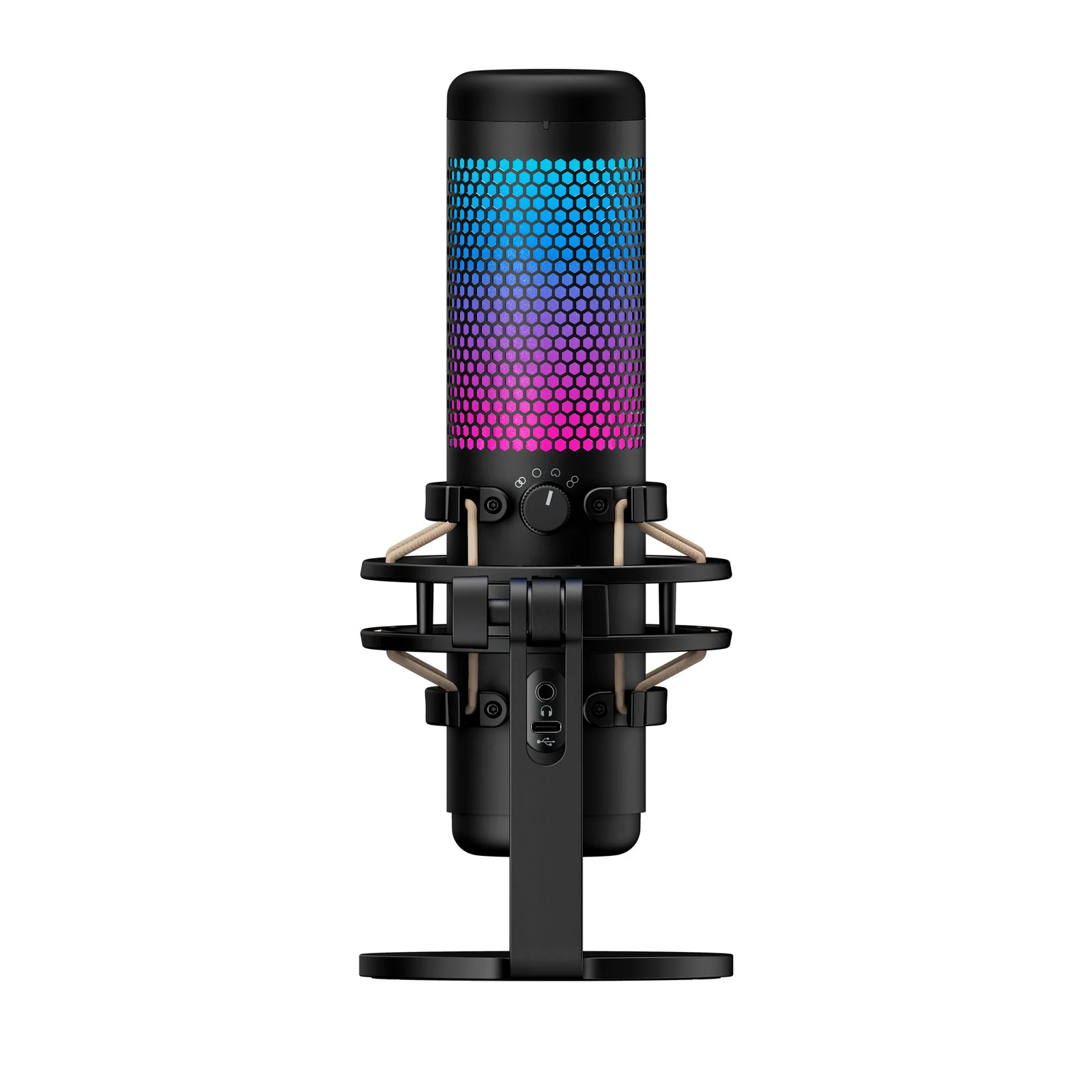 The image shows a black HyperX QuadCast S microphone with a hexagonal mesh pattern on the top, mounted on a stand.