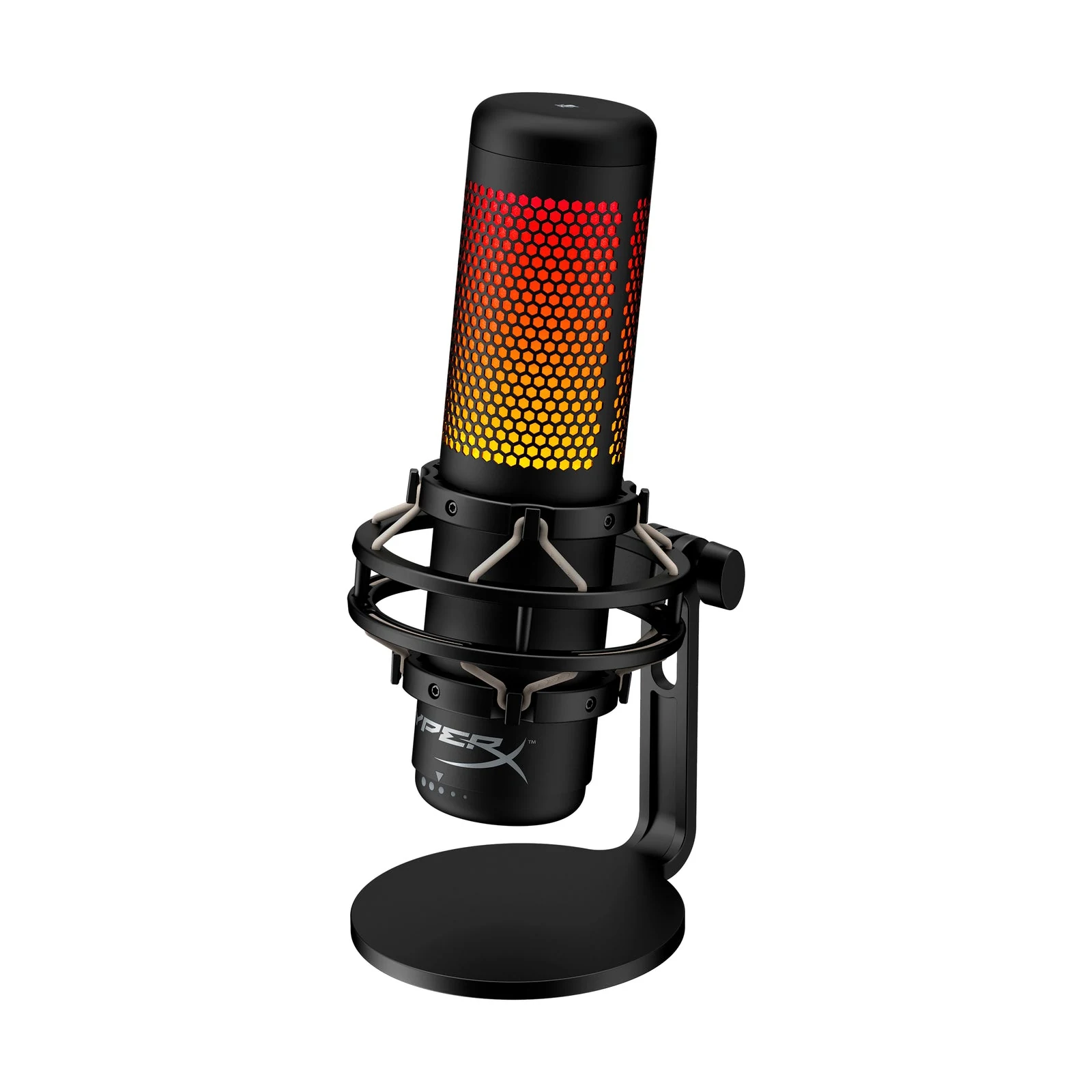 The HyperX QuadCast S microphone is shown in a side profile, featuring a black body with a honeycomb pattern on the top section and red-orange gradient lighting.