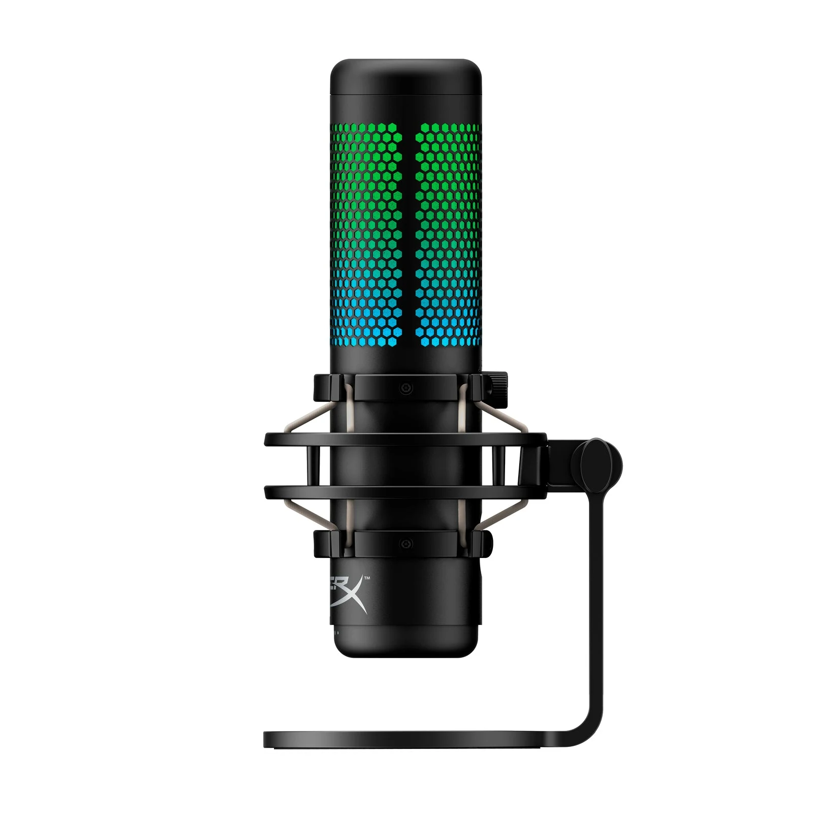 The HyperX QuadCast S microphone is shown in a side profile, featuring a black body with a hexagonal mesh pattern illuminated by green and blue lights.