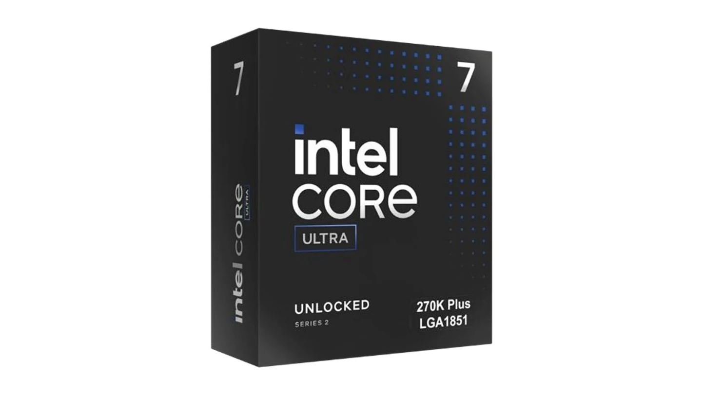 The Intel Core Ultra 7 270K Plus retail box, black with the Intel Core Ultra logo and a 270K Plus LGA1851 label, shown from a three-quarter angle on a white background.