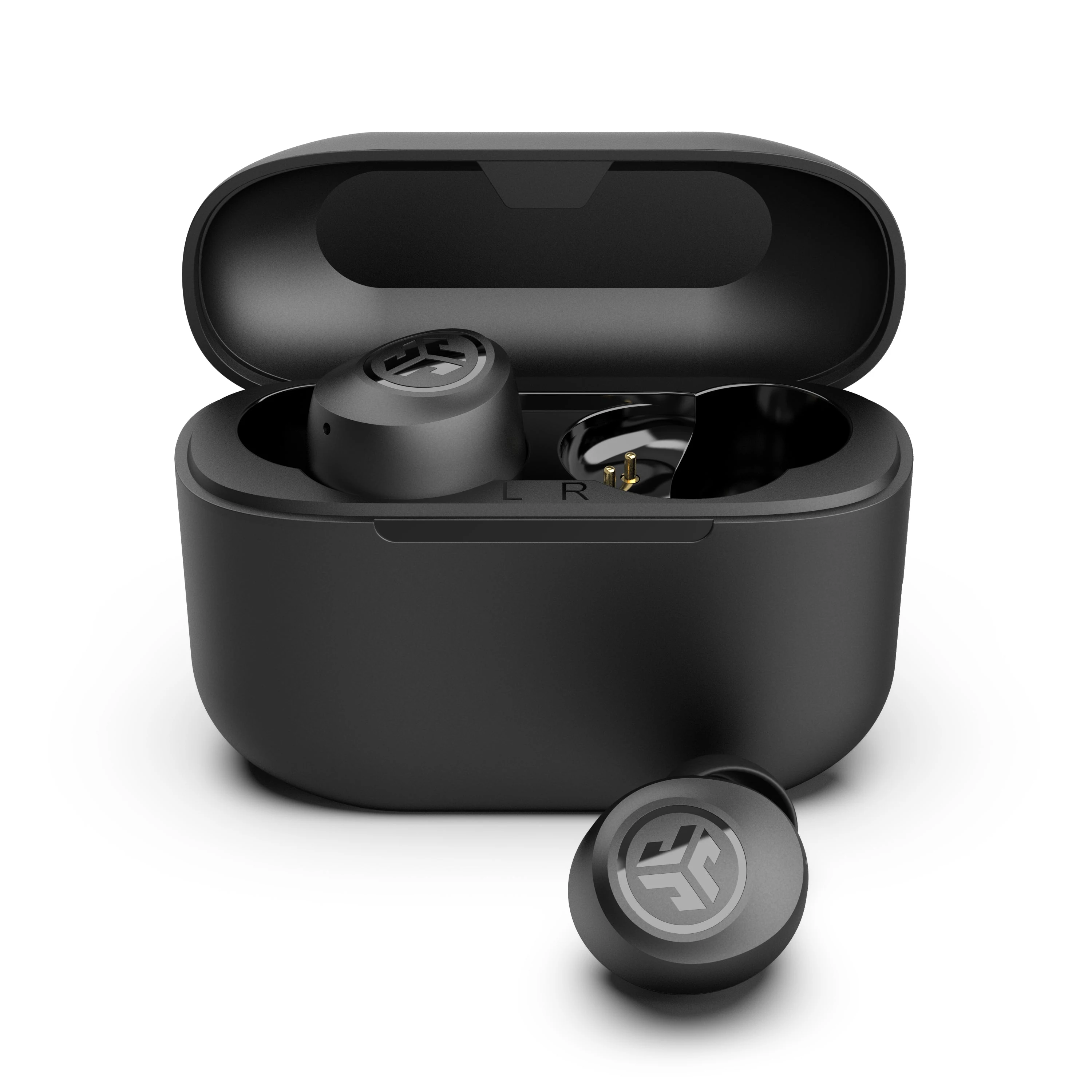 A black JLab Go Air Pop+ Dual Connect Earbuds case with the earbuds inside, shown from a top-down angle.