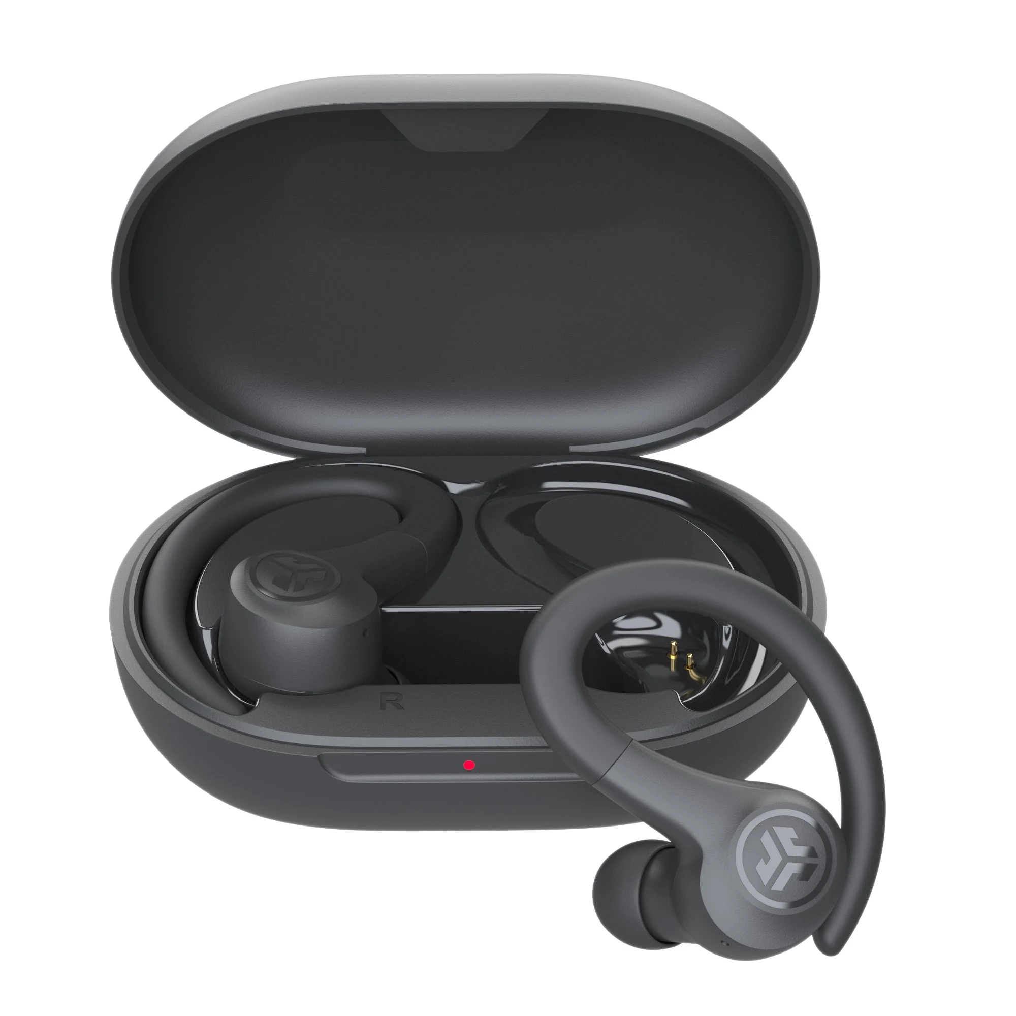 A top-down view of a black earbuds case with two earbuds inside and one outside, showing the JLab logo.