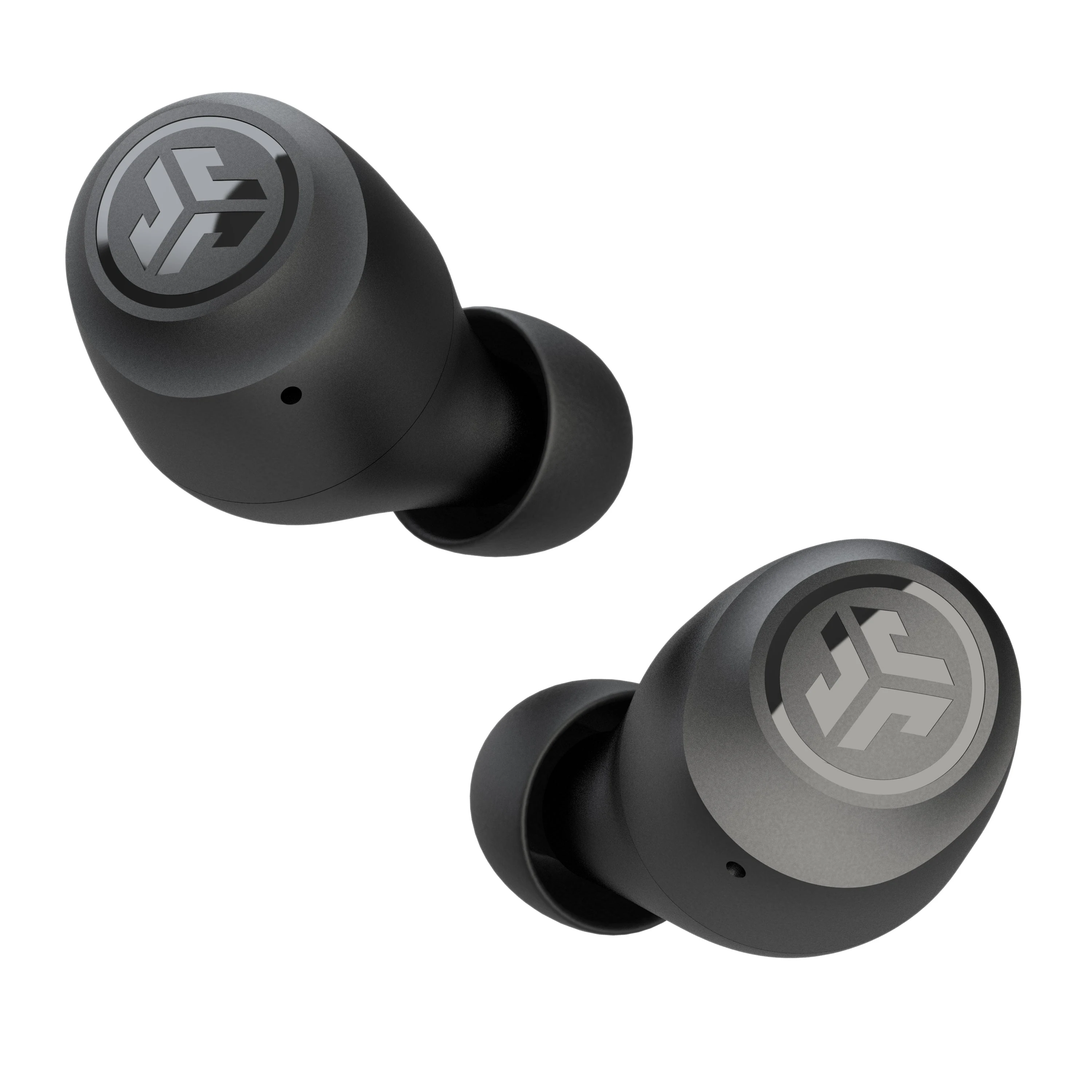 Two black earbuds with a metallic logo on the top, viewed from an angled perspective.