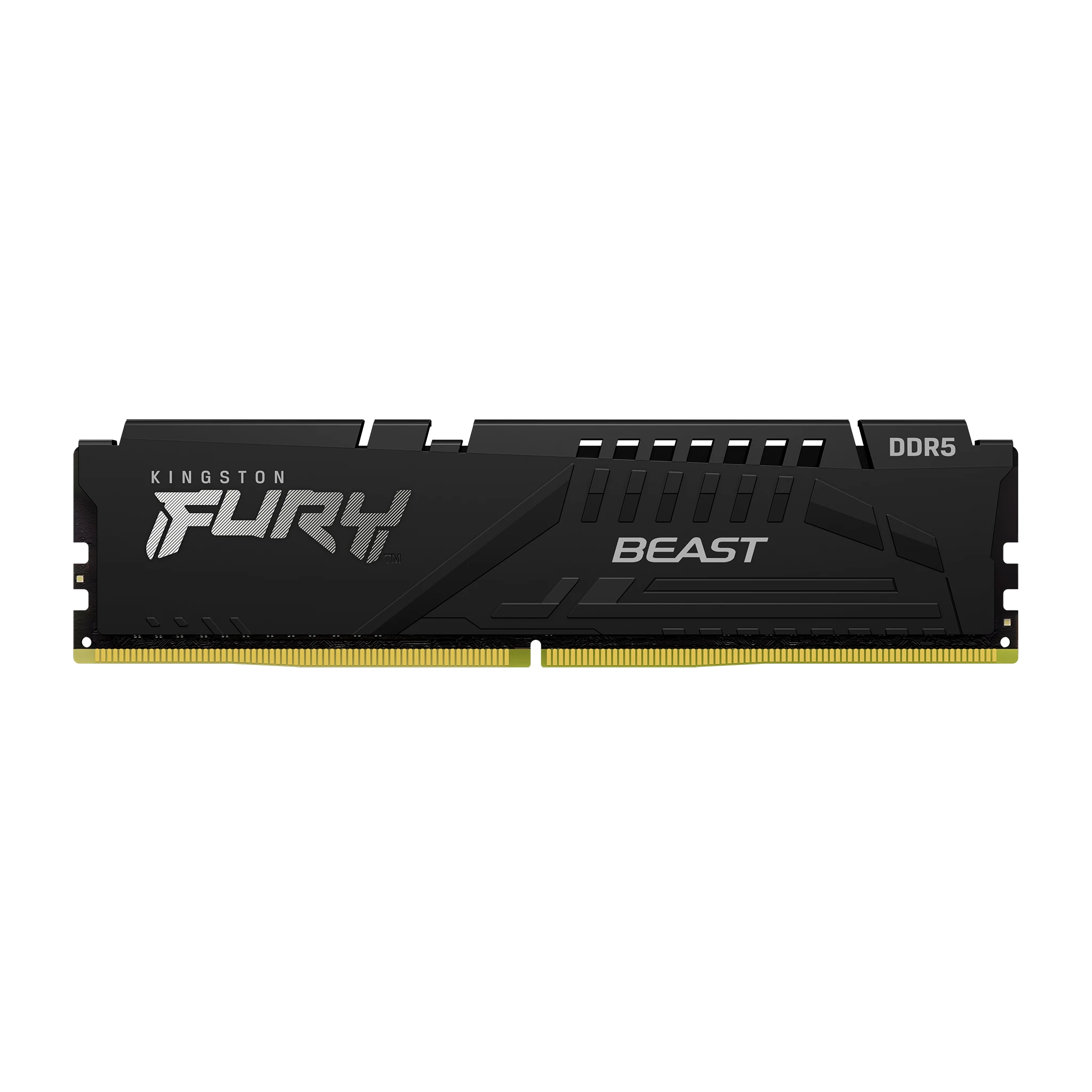 A black Kingston Fury Beast DDR5 memory module with a side profile view, showing the gold-colored contacts and the branding on the top.