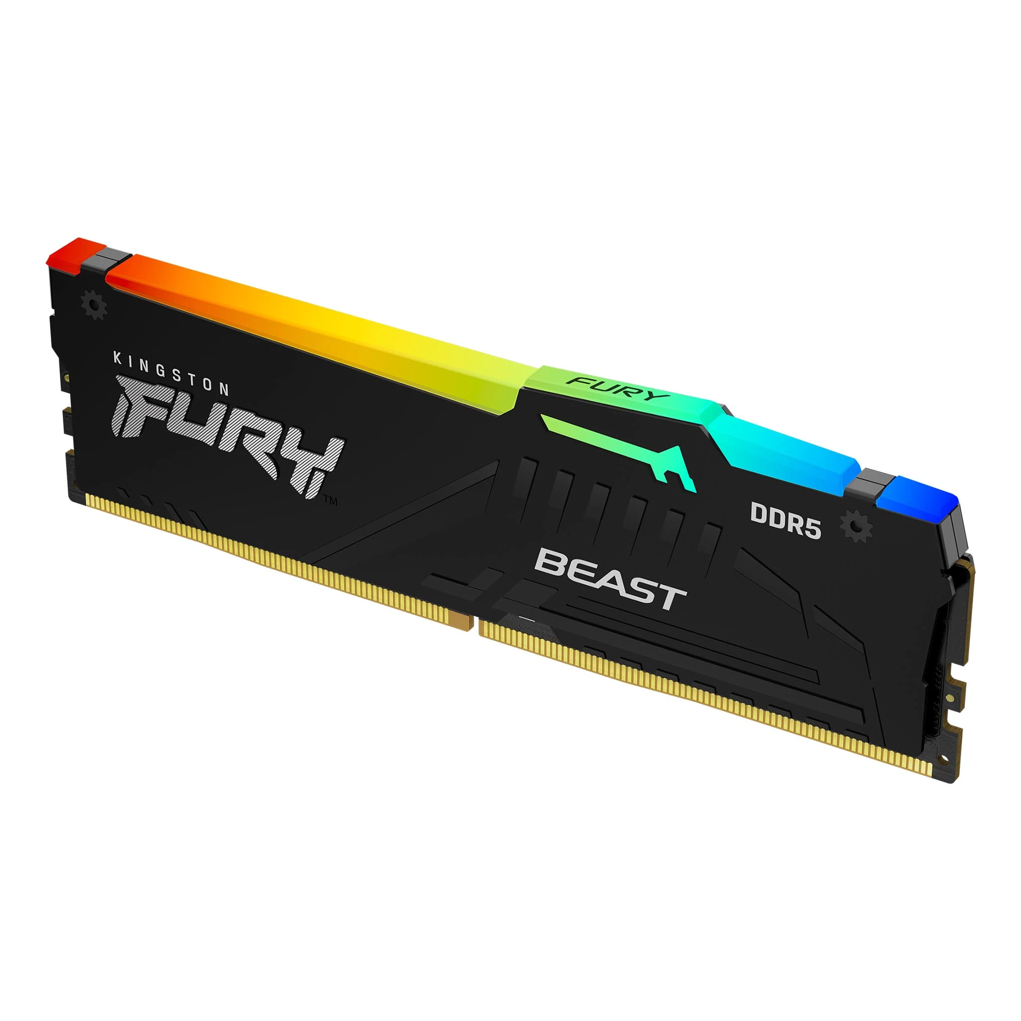 A Kingston Fury Beast DDR5 memory module with a gradient color scheme and the product name prominently displayed on its surface.