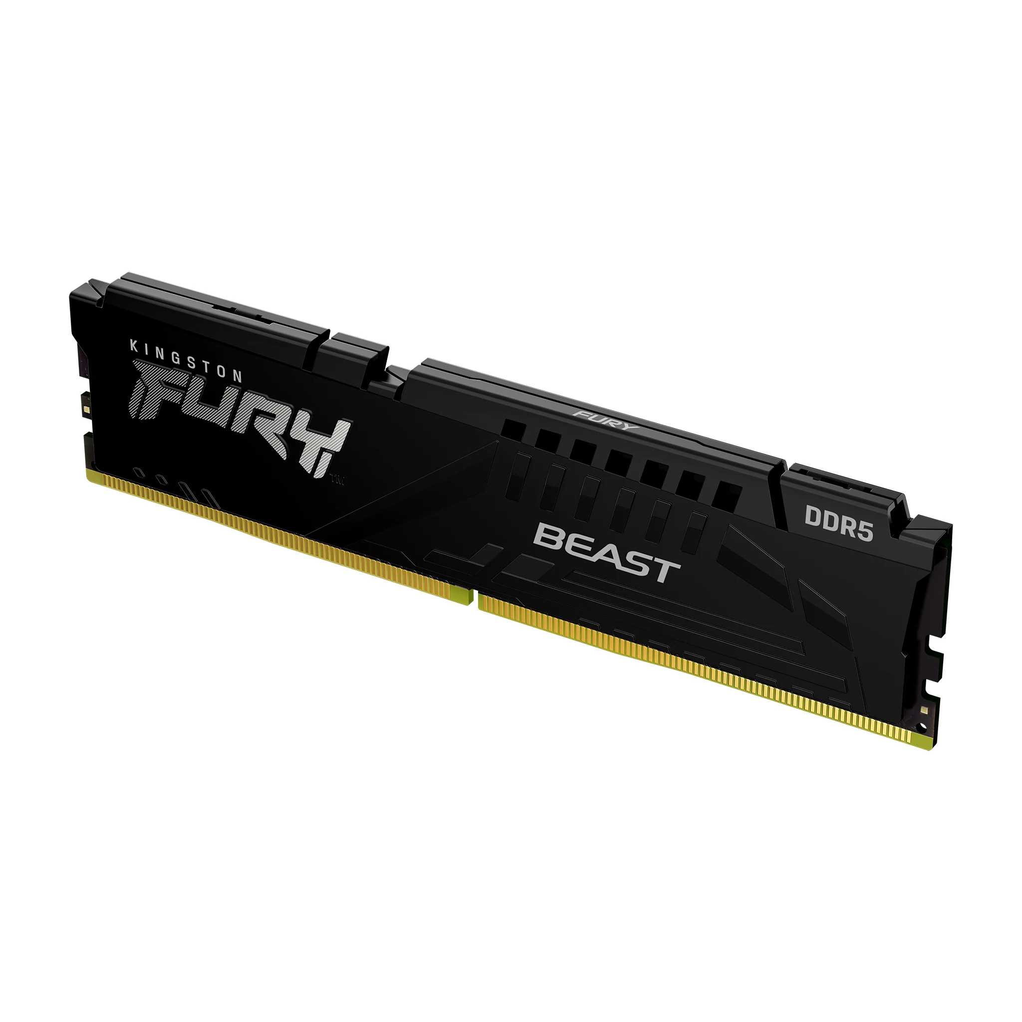 The Kingston Fury Beast DDR5 memory module is shown in a side profile, highlighting its black color and gold-colored contacts.