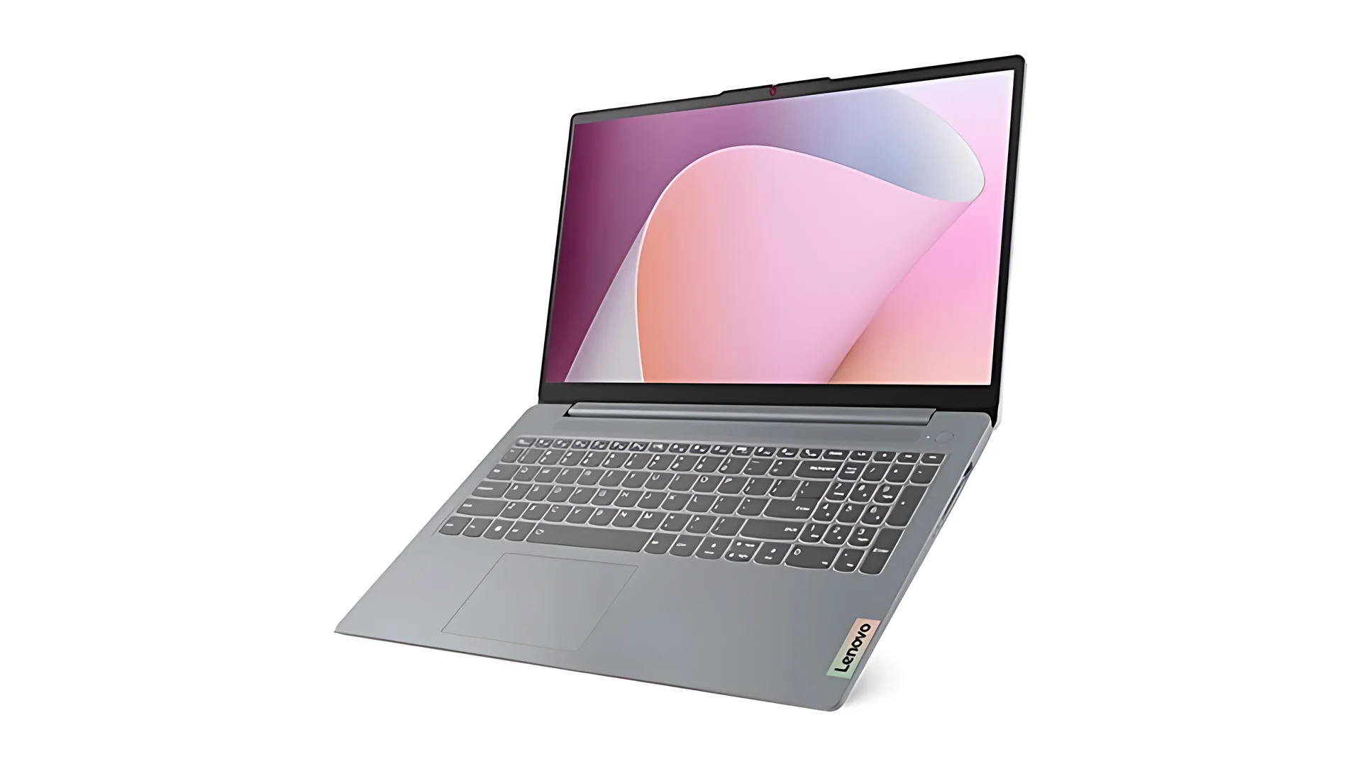 A grey Lenovo IdeaPad Slim 3 15-inch laptop, open, seen from the front left at a three-quarter angle.