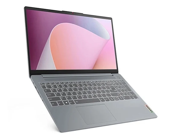 A grey Lenovo IdeaPad Slim 3 15-inch laptop, open, seen from the front right with its full-size keyboard and number pad.