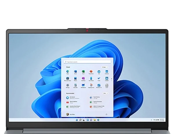 Front view of the Lenovo IdeaPad Slim 3 15-inch display showing the Windows 11 desktop and the slim top bezel with webcam.