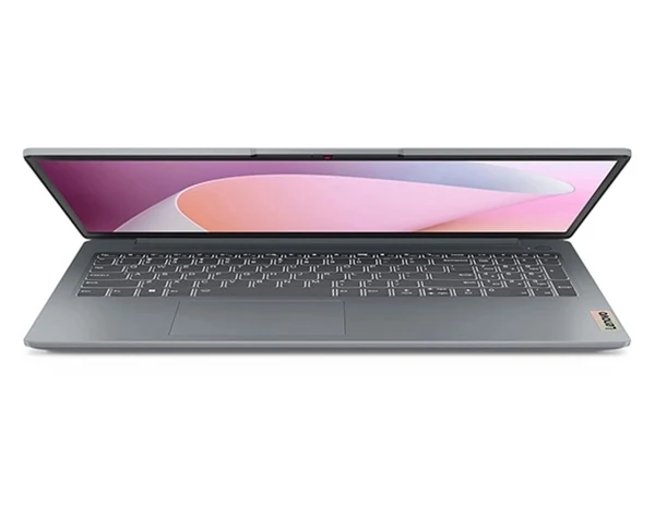 The grey Lenovo IdeaPad Slim 3 15-inch laptop opened flat to 180 degrees, seen from the front.