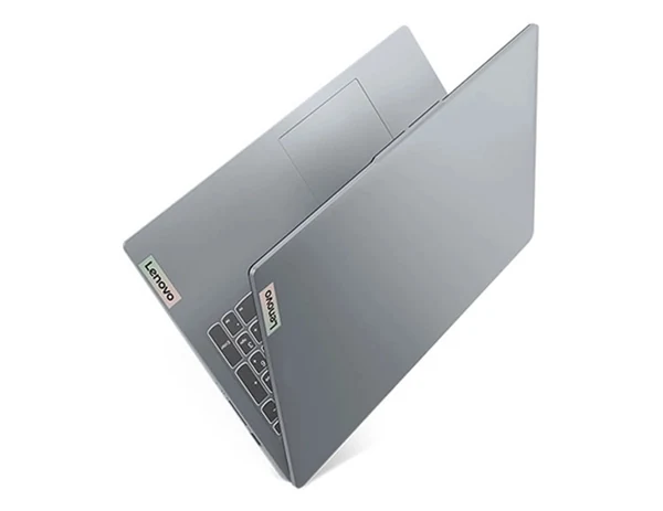 The grey aluminium-look lid of the Lenovo IdeaPad Slim 3 15-inch laptop, half open, seen from behind.