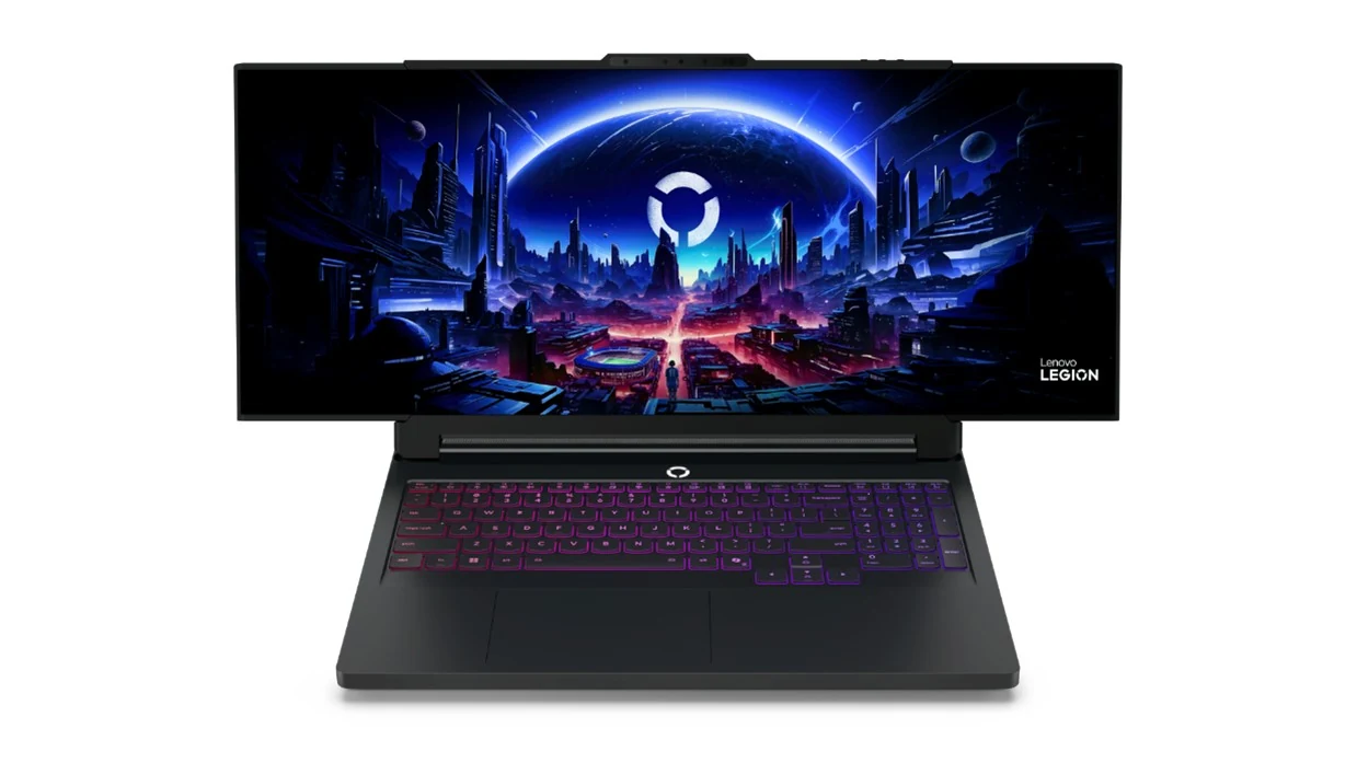 The Lenovo Legion laptop is shown in a side profile with its keyboard and screen visible, displaying a futuristic cityscape on the screen.