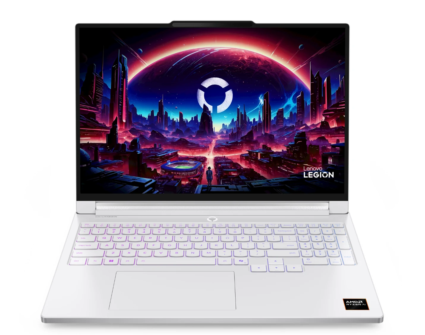 A silver Lenovo Legion gaming laptop with a colorful, futuristic cityscape displayed on the screen.