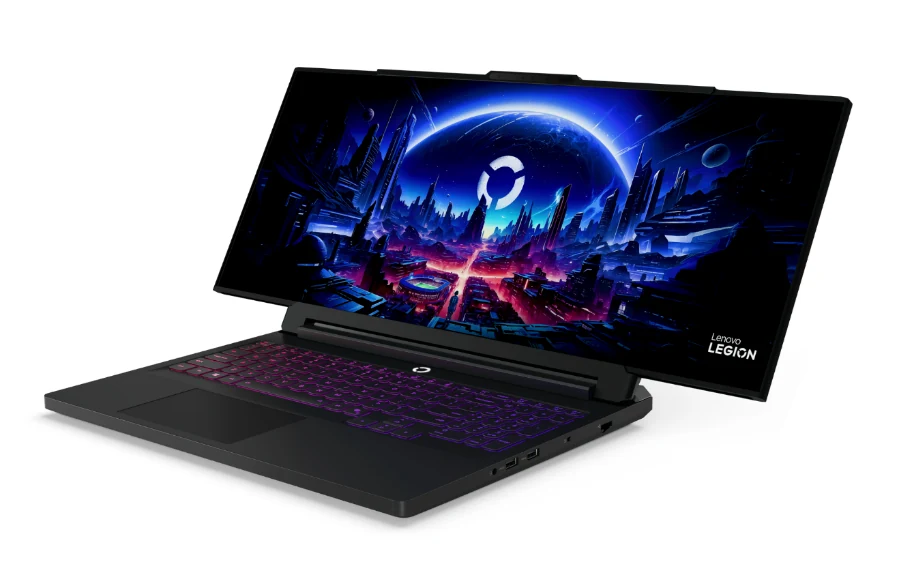 A Lenovo Legion gaming laptop with a side profile view, showing the keyboard and ports on one side.
