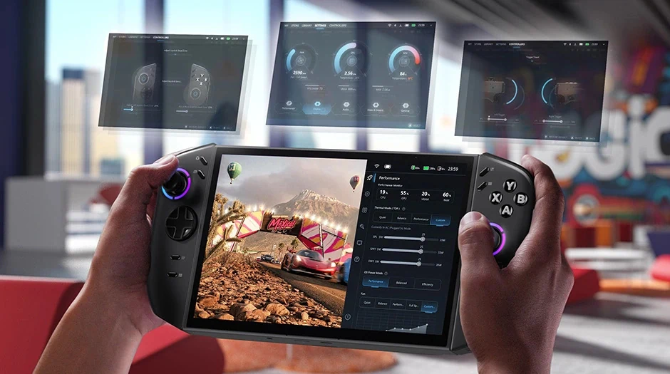 Two hands holding the Lenovo Legion Go 2, a racing game and the Legion Space performance panel on its screen.
