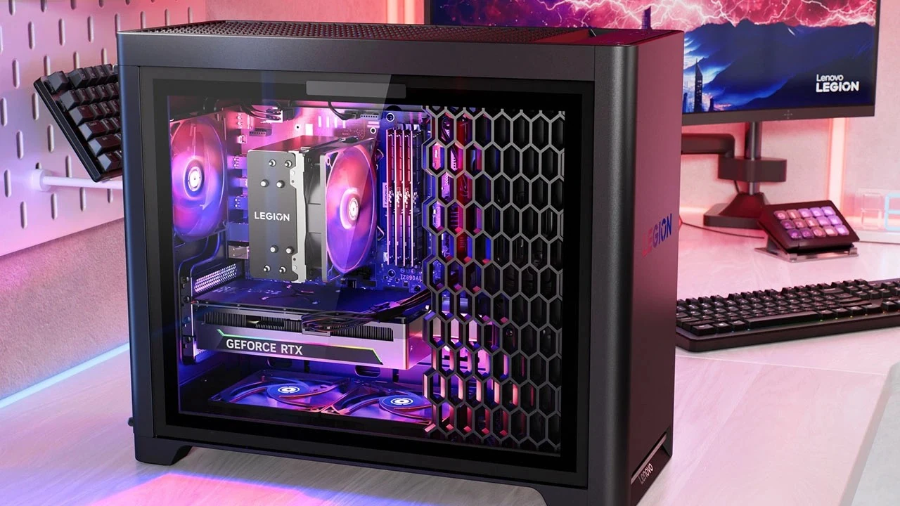 A black Lenovo Legion Tower 5-2026 prebuilt PC with a transparent side panel, showcasing internal components and RGB lighting.