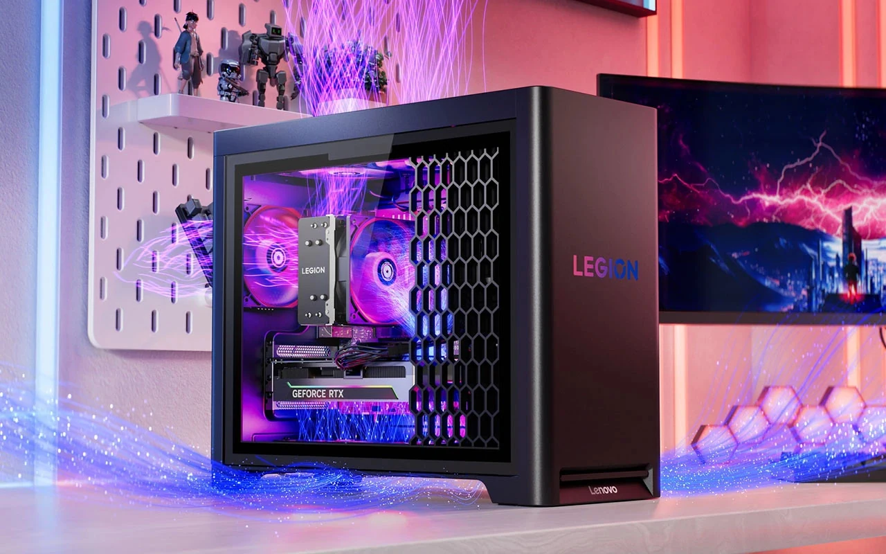 A black Lenovo Legion Tower 5-2026 with a clear side panel, showcasing internal components and purple lighting.