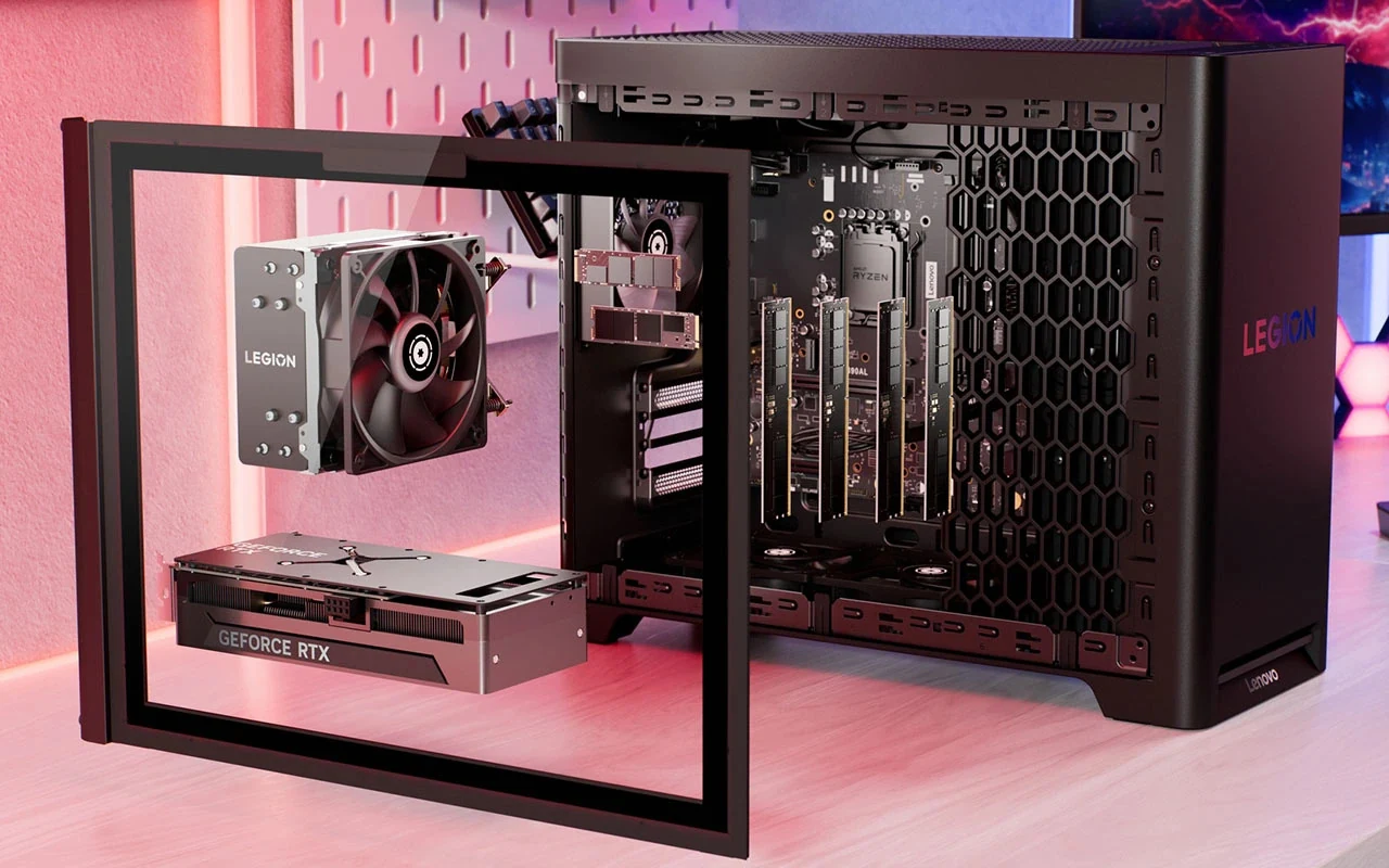 The Lenovo Legion Tower 5-2026 is shown from a side profile with its front panel open, revealing internal components like RAM and a GPU.