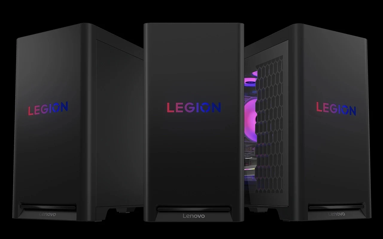 The Lenovo Legion Tower 5-2026 is shown in a three-quarter angle, highlighting its black finish and the colorful 'LEGION' logo on the front.
