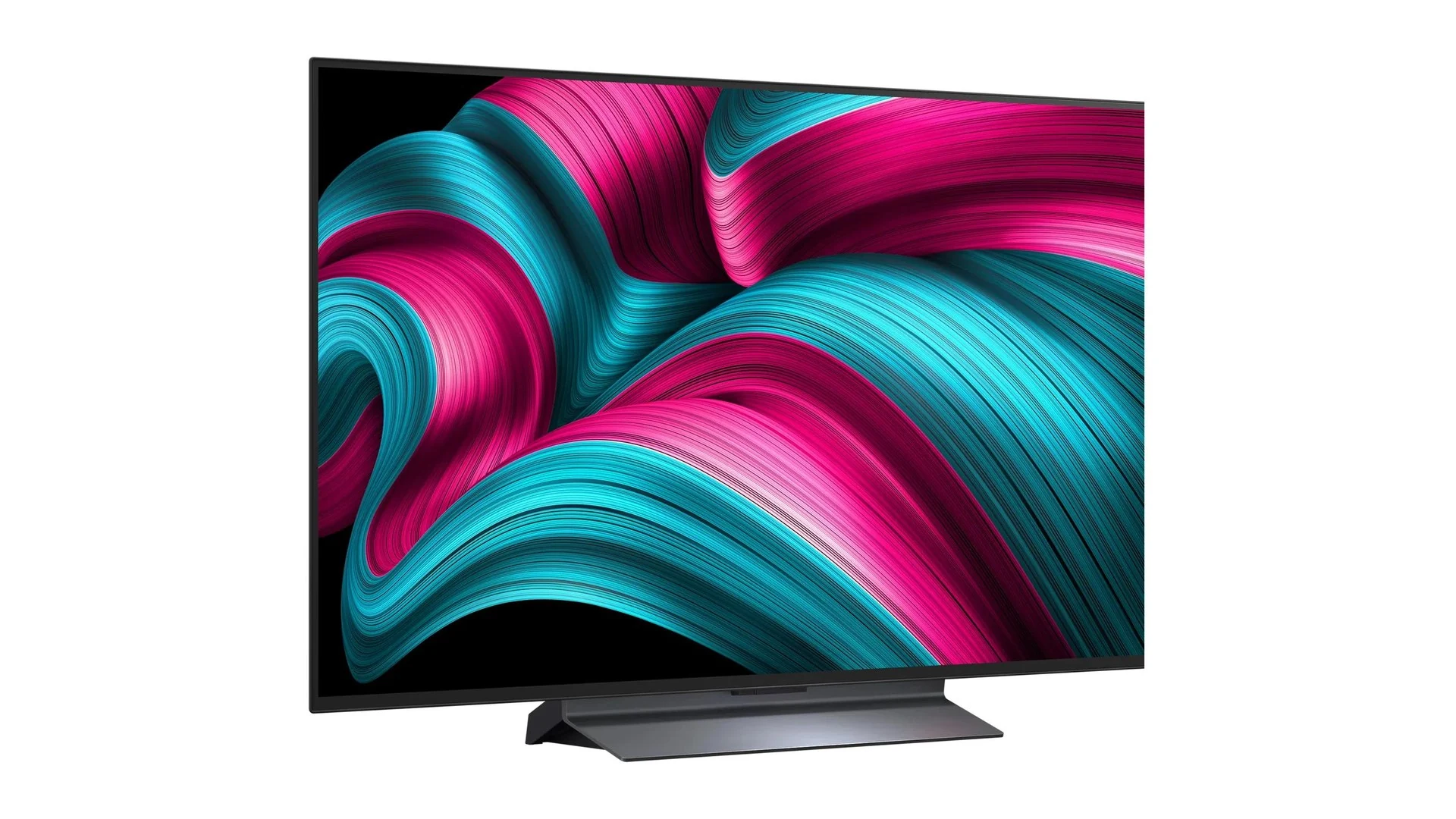 A side profile of a black LG OLED C5 48-Inch TV with a colorful abstract pattern displayed on the screen.