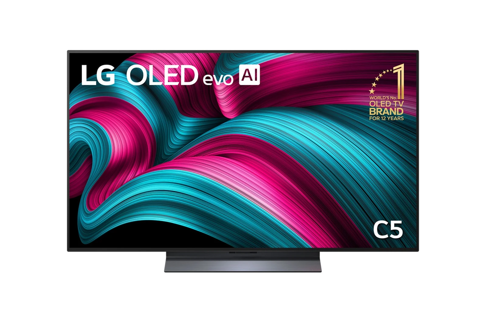A front-facing view of an LG OLED C5 TV with a colorful abstract background on the screen.