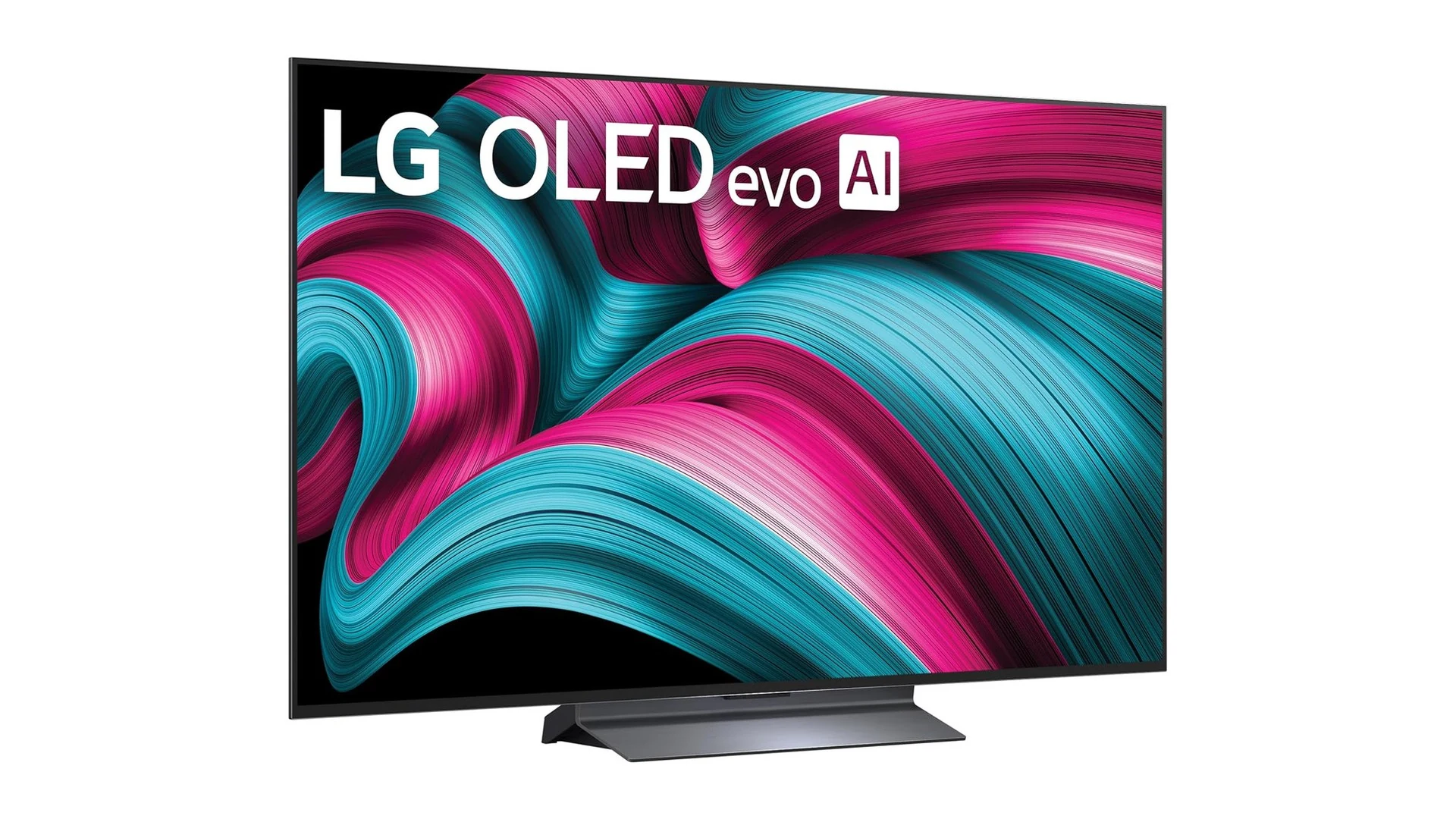 A side profile of a black LG OLED evo AI TV with colorful abstract art displayed on the screen.