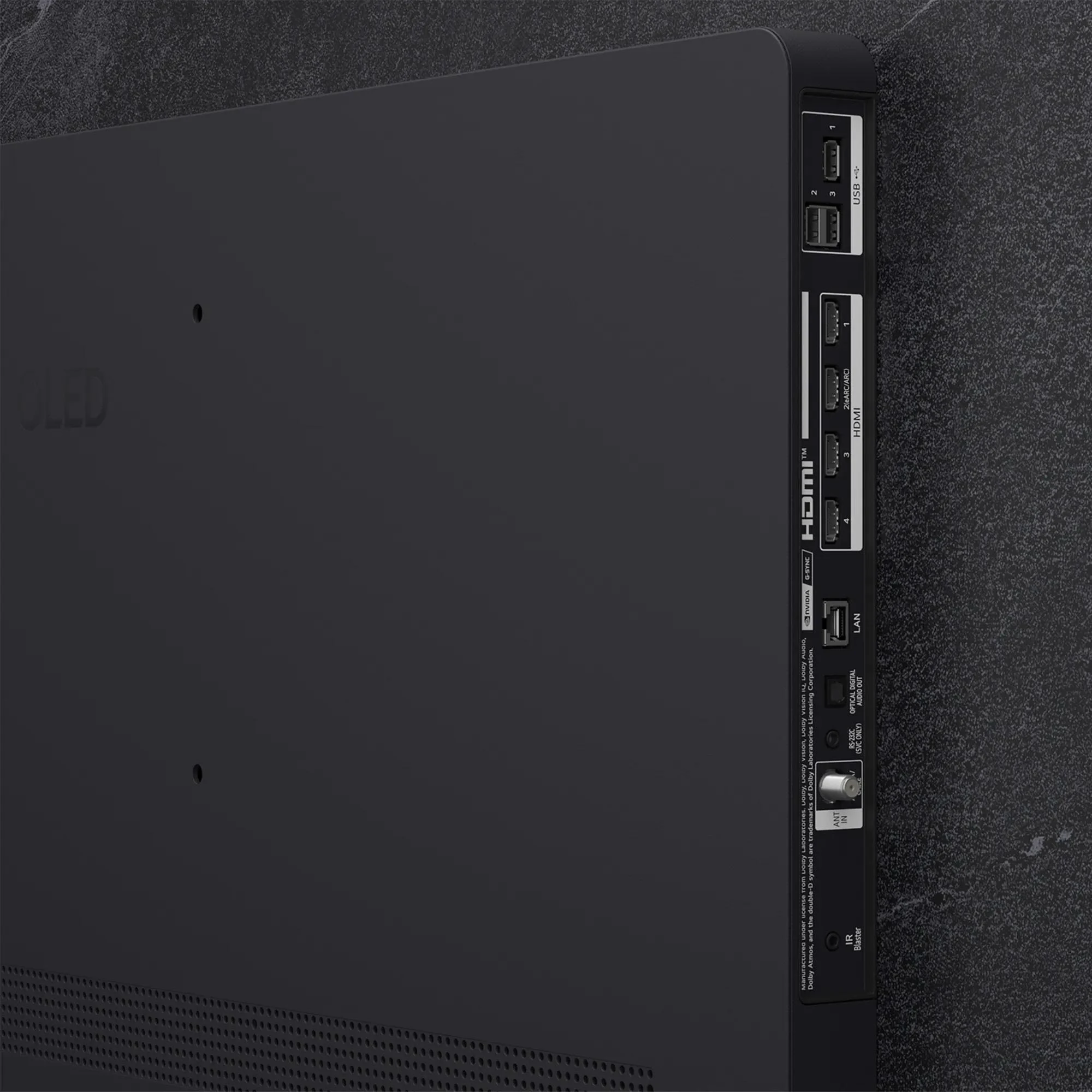 The back panel of a black LG OLED evo AI 4K C5 TV, showing various ports and connectors.