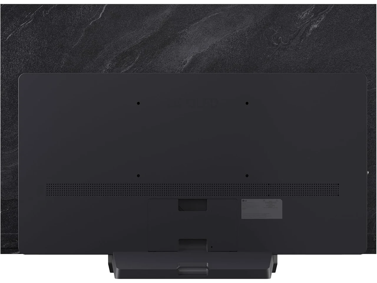 The LG OLED evo AI 4K C5 is photographed from behind, showing its back panel and stand.