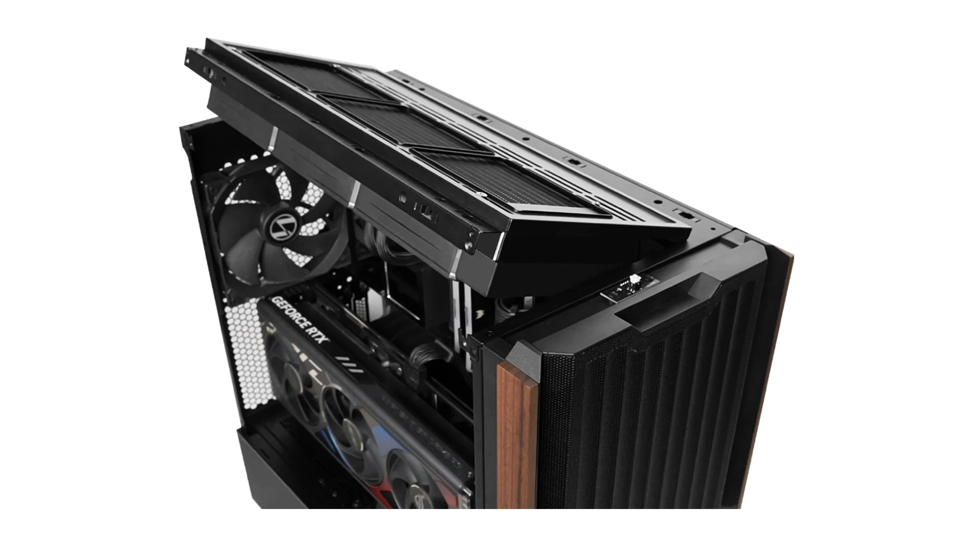 The image shows a black computer case with an open side panel, revealing internal components including a GeForce RTX graphics card and cooling fans.
