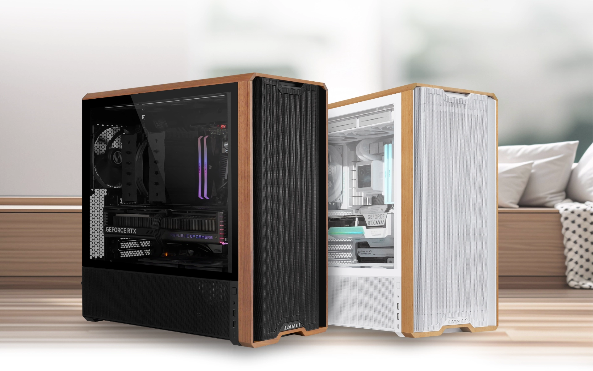 A side profile of two Lian Li LANCOOL 217 cases, one black and one white, with a wooden frame.