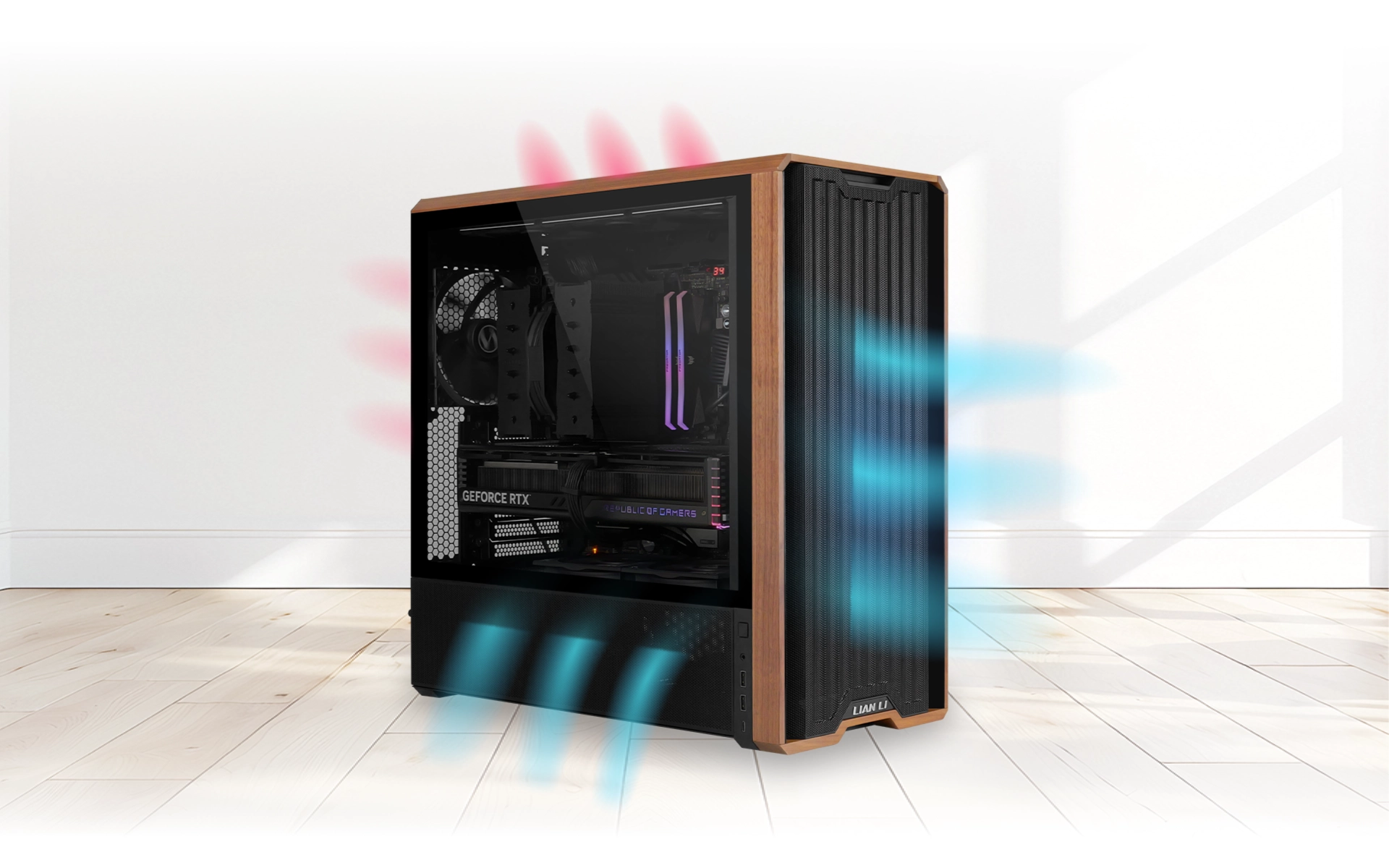 A black computer case with wooden accents and a transparent side panel, showcasing internal components.