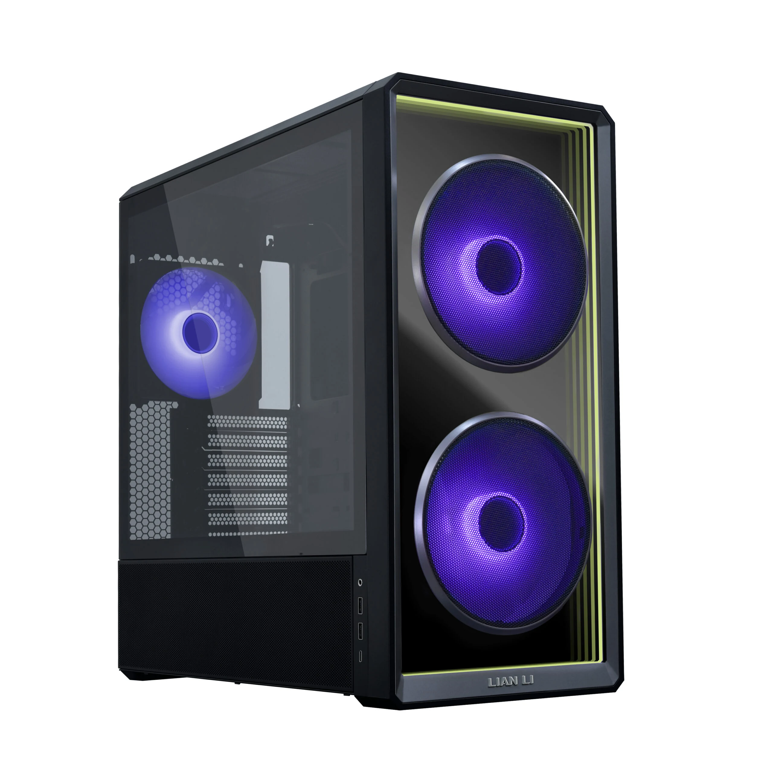 A black Lian Li LANCOOL 217 case with purple LED lights and a transparent side panel, photographed from a three-quarter angle.