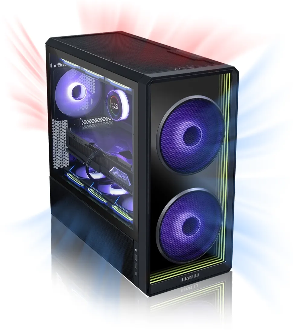 The Lian Li LANCOOL 217 case is shown in a three-quarter angle, highlighting its front and side panels with purple LED lighting.