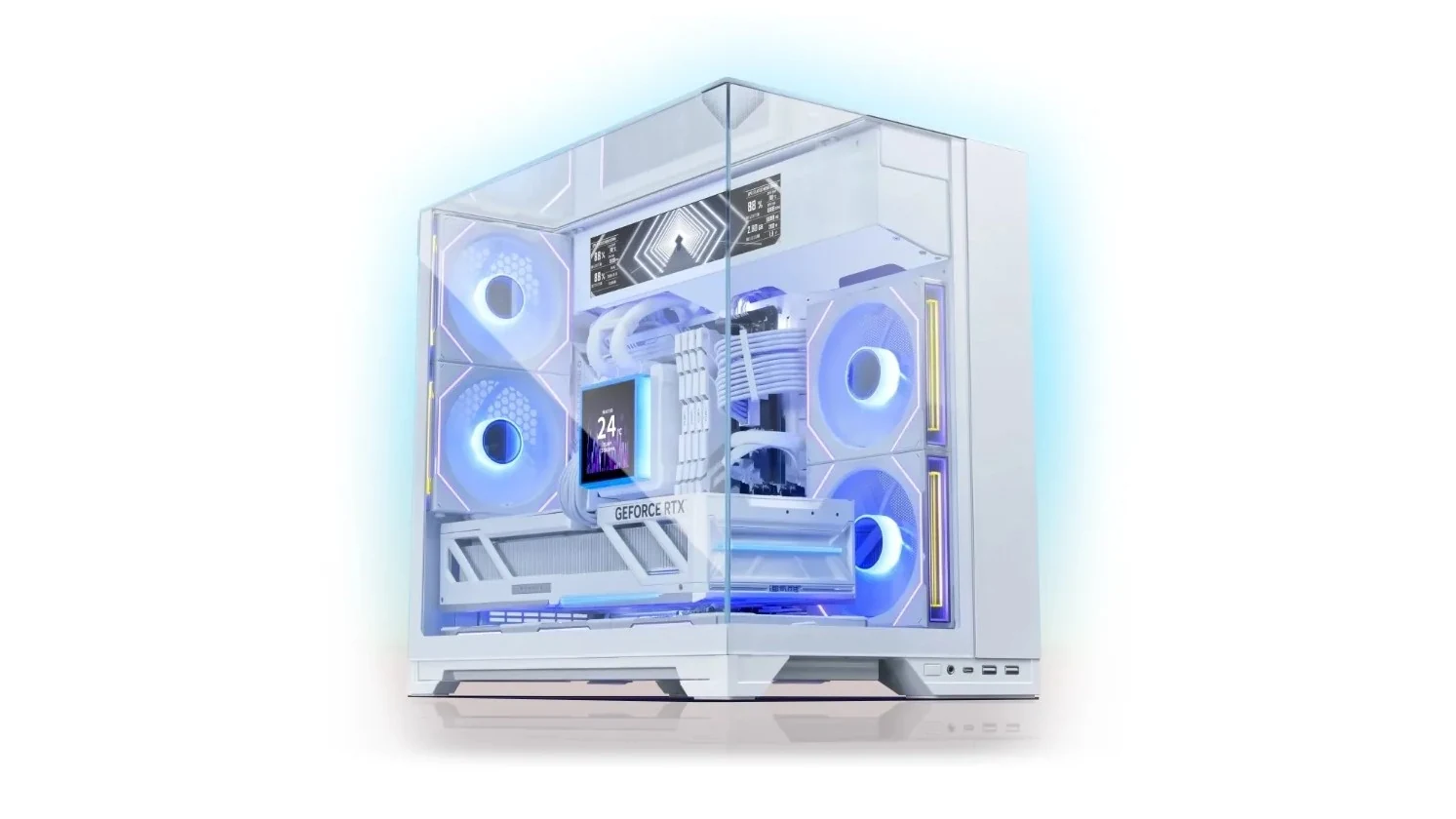 A white computer case with a transparent front panel, showcasing internal components and blue LED lighting.