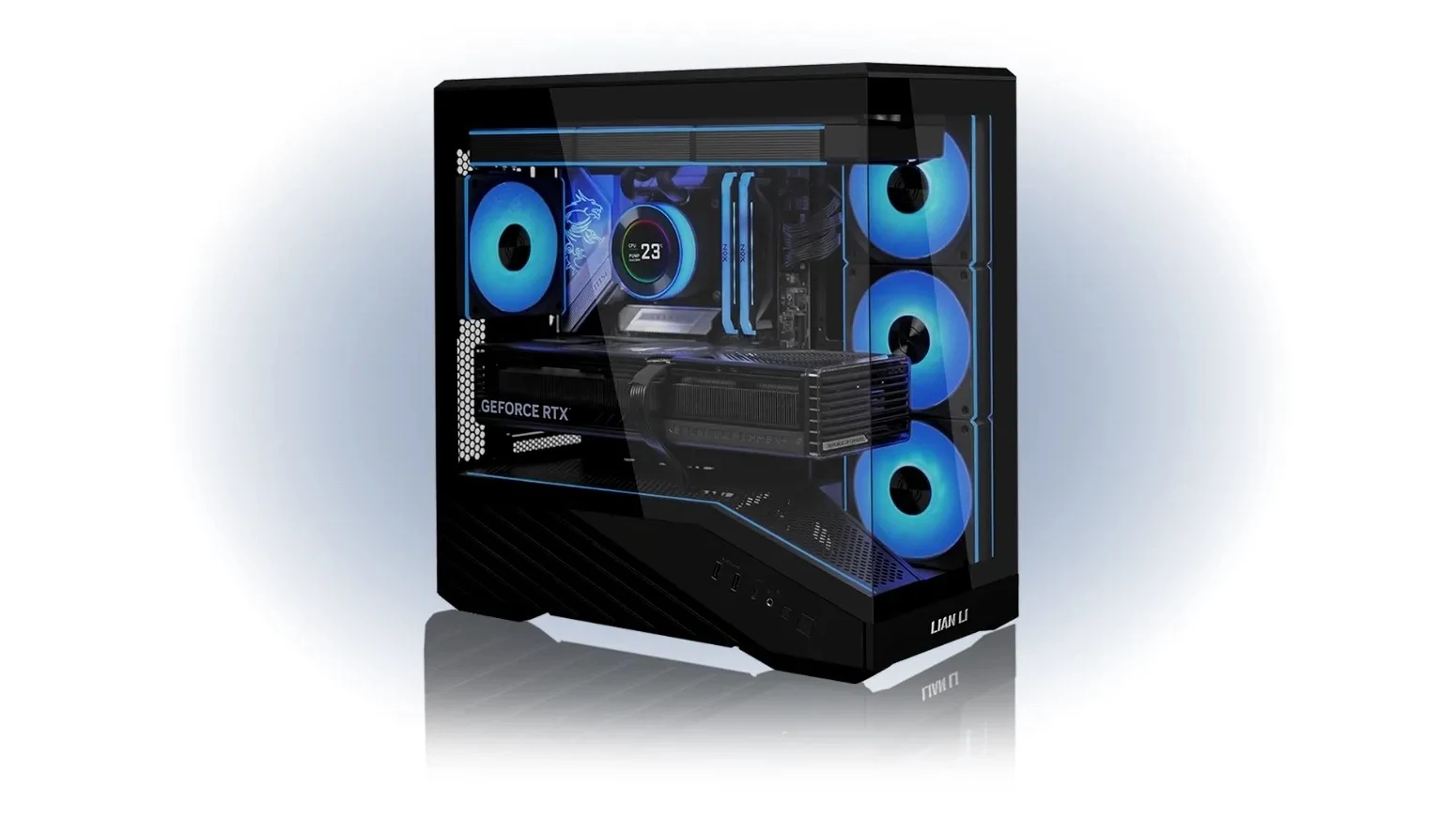 The Lian Li V100 RX Black case is shown in a three-quarter angle, highlighting its front and side panels with visible cooling fans and internal components.