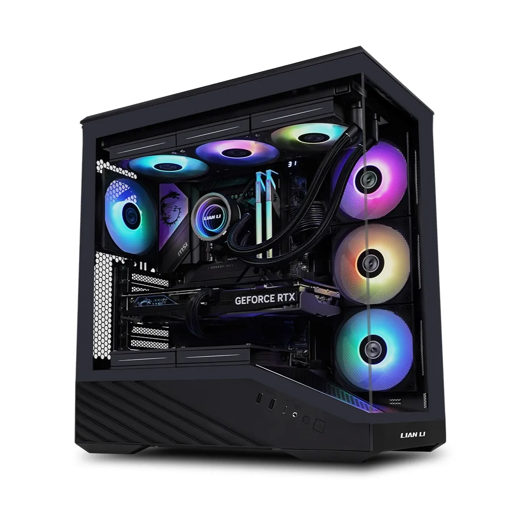 A black Lian Li V100 RX Black case with a top-down view, showcasing multiple RGB-lit fans and internal components.