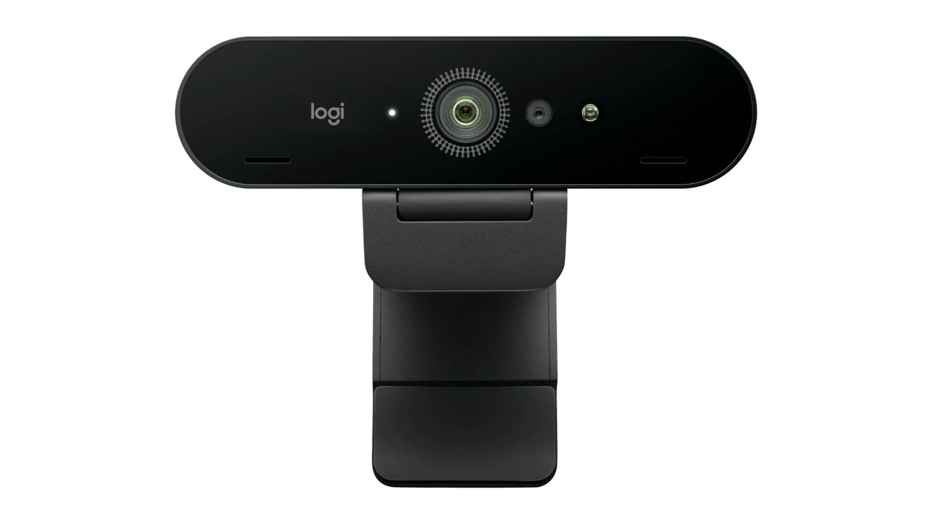 The Logitech Brio 4K webcam is shown in a top-down view with its black finish and circular lens prominently featured.