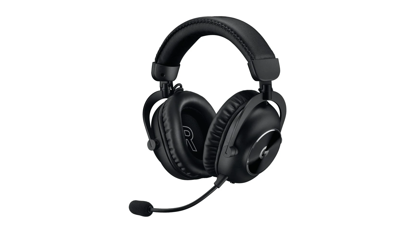 The Logitech G Pro X 2 Lightspeed headset is shown in a side profile, featuring black ear cups and a microphone.
